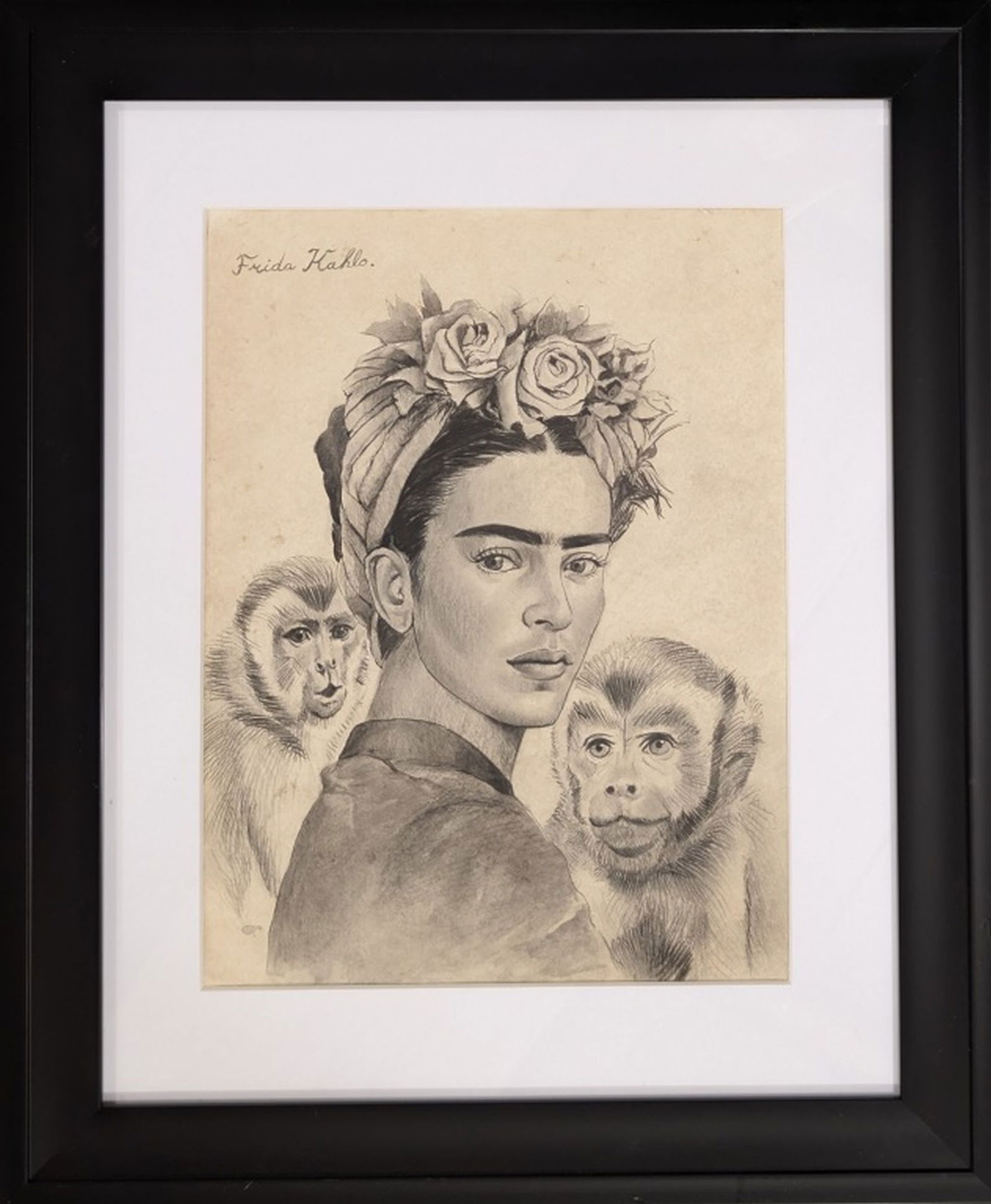 Original in the Manner of Frida Kahlo: Wonderful original self portrait drawing in the manner of Frida Kahlo. The subject is her favorite subject, herself, also a pair of monkeys. Medium: Pencil on paper. Condition: Good overall viewing co