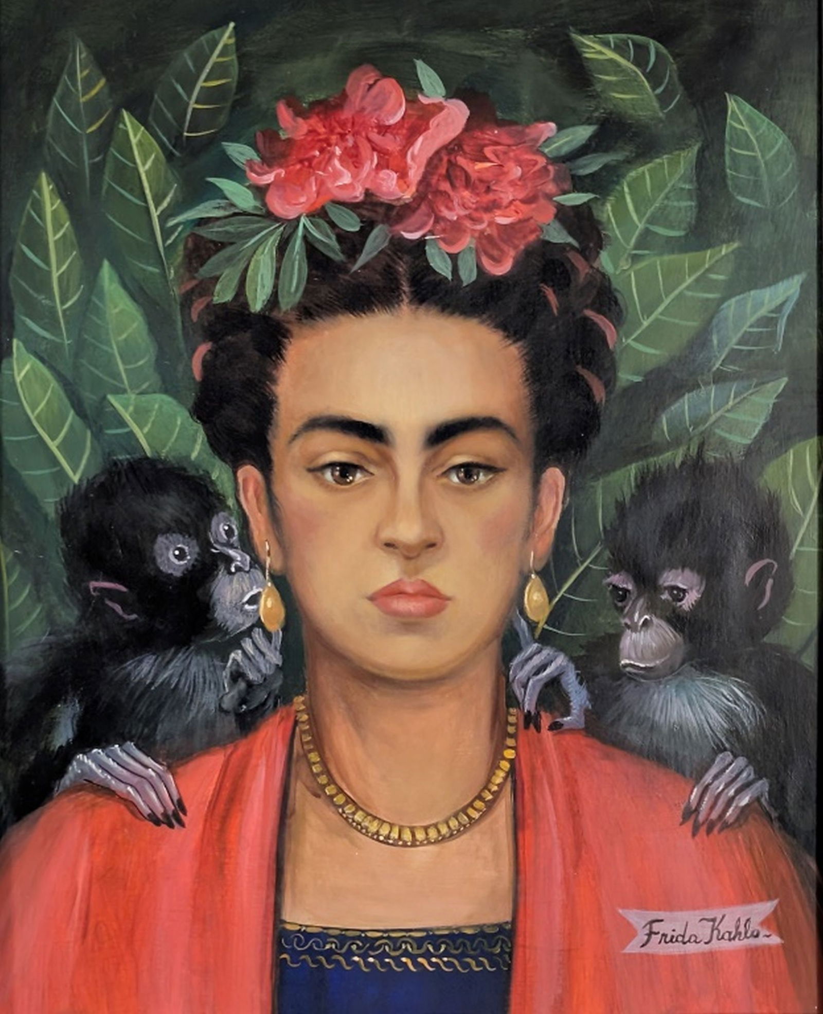 Original in the Manner of Frida Kahlo: Wonderful original self portrait painting in the manner of Frida Kahlo. The subject is her favorite subject, herself, also a couple of monkeys on either shoulder. Medium: Oil on paper. Condition: Good