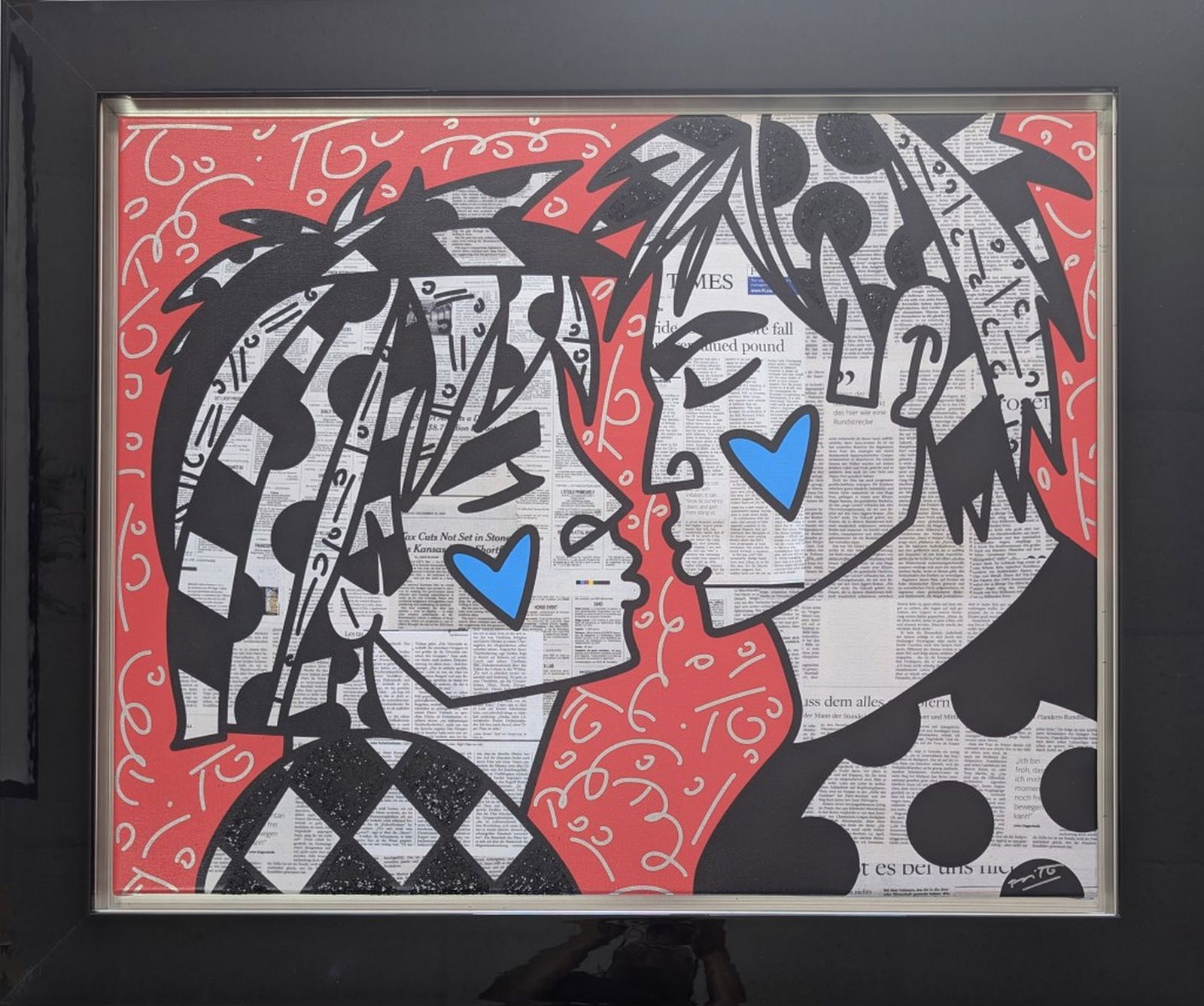 Romero Brito "Soulmates" Canvas, Signed, 24 x 30"": Amazing and fun art from the world renowned Brazilian/American artist Romero Britto titled: Soulmates. The image depicts a couple in an embrace, symbolizing love and connection. This is amazing limite