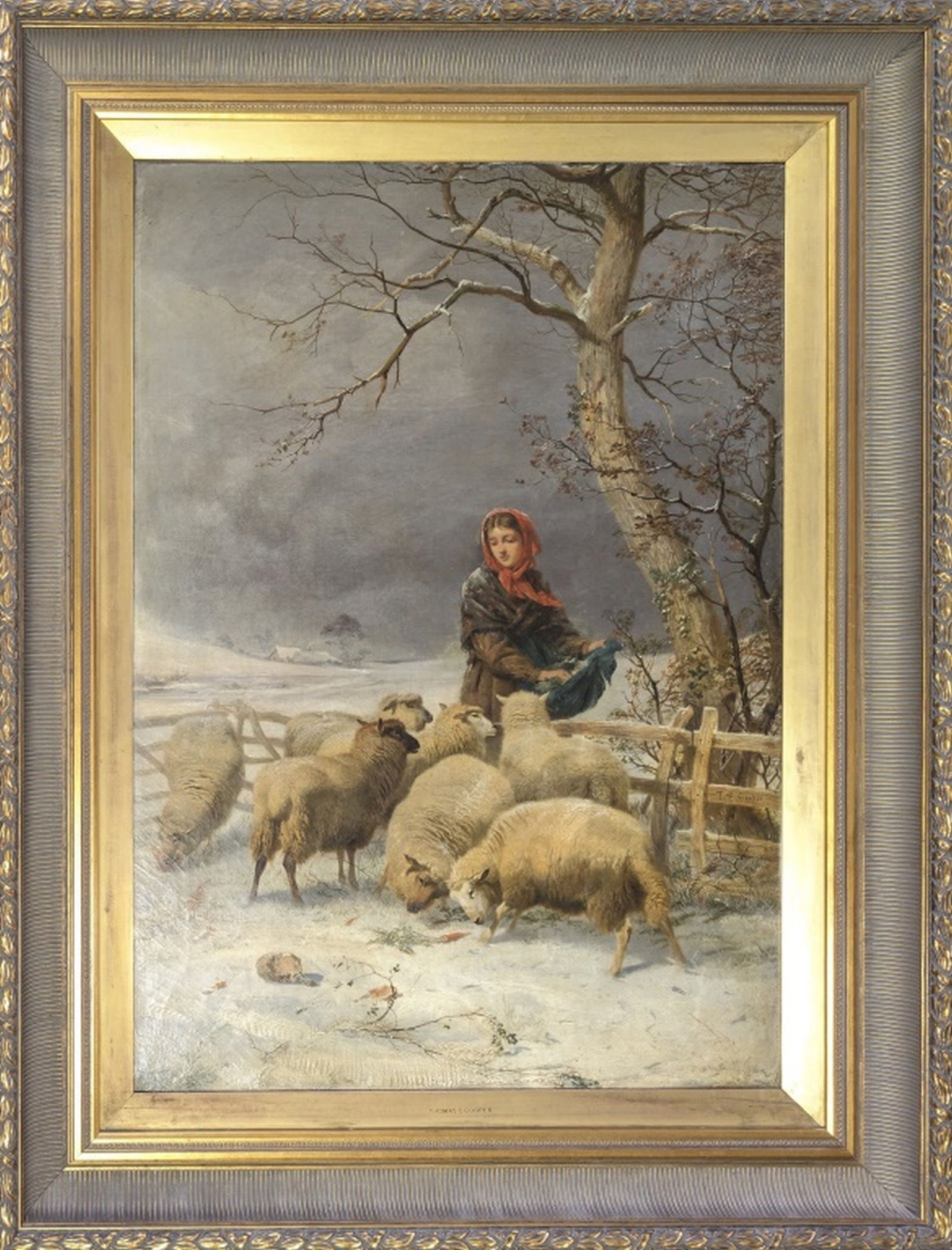 19thc Thomas George Cooper Original, 34 x 24": Beautiful original painting by Thomas George Cooper of a lovely young girl feeding her sheep. Truly fine artwork. Medium: Oil on canvas. Date: Circa 1880. Size: 34 x 24 in. Giltwood frame: 43 x 23 in.