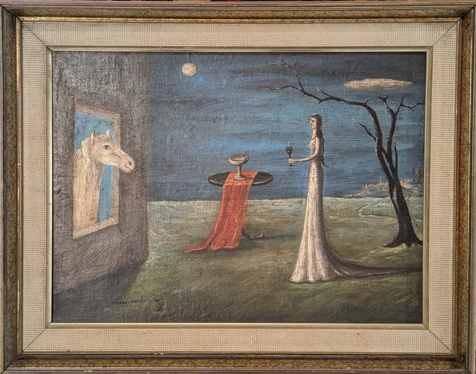 Original in Manner of Gertrude Abercrombie: Provoking original painting in the manner of Gertrude Abercrombie! We base this attribution on the same medium, style, complexity, and signature as used by Abercrombie. This is an original painting, n