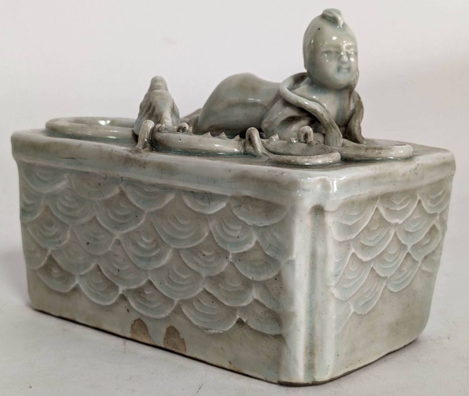 Qing Dynasty Chinese Brush Washer 7.75"W: Gorgeous porcelain brush washer from the Qing Dynasty. We have not seen another like it with the desirable light sage porcelain and figures on top. Very special item. Brush washer: 5.5H x 7.75W x 4.5D