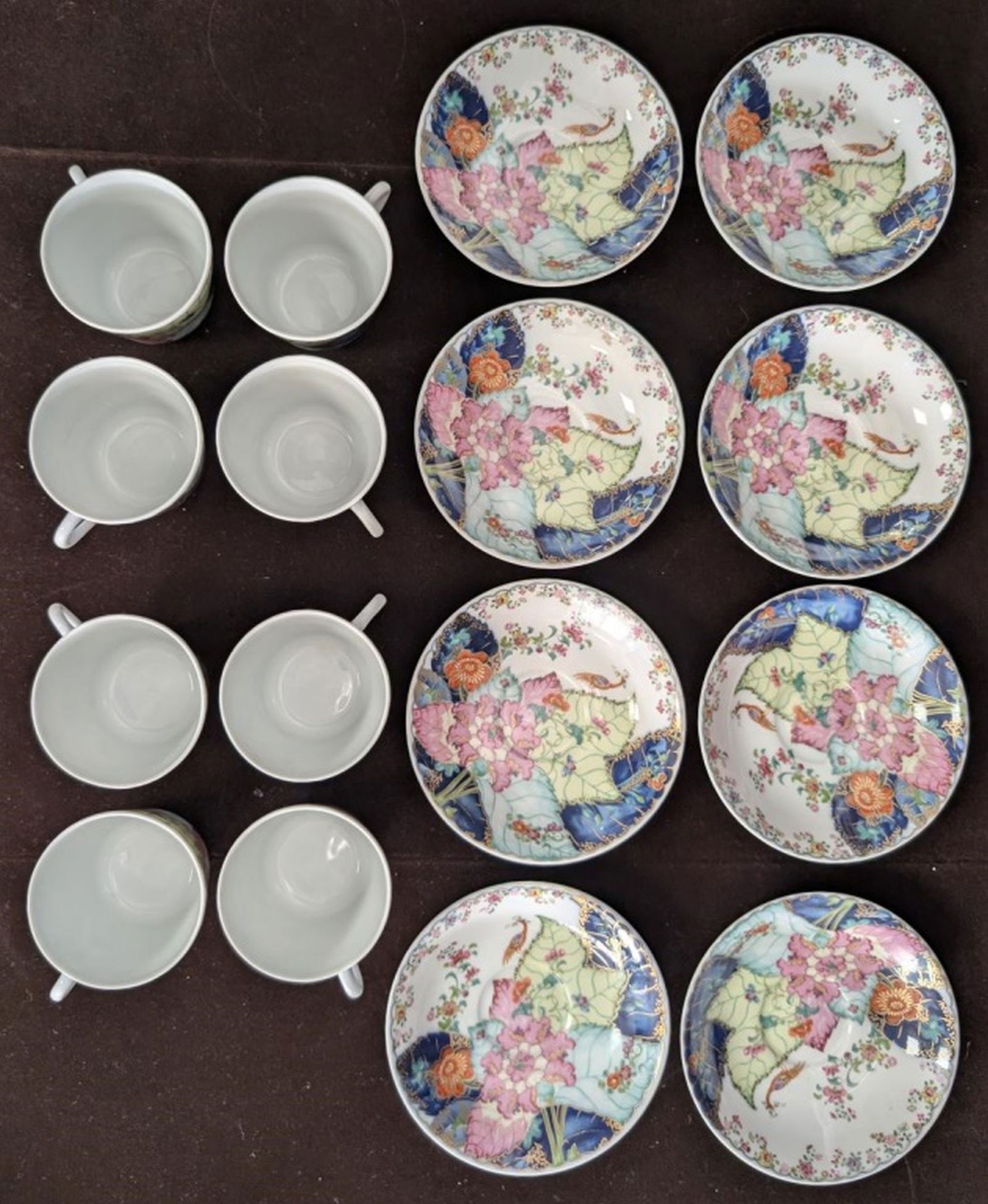 8 Mottahedeh “Tobacco Leaf Flat Cup & Saucers: Maker: Mottahedeh. Items: 8 Flat Cups & Saucers. Pattern: Tobacco Leaf. Maker’s Mark Location: Bottom. Color: Multicolor Flowers & Leaves, Smooth. Number of Pieces: 16. Comes with Original Box: