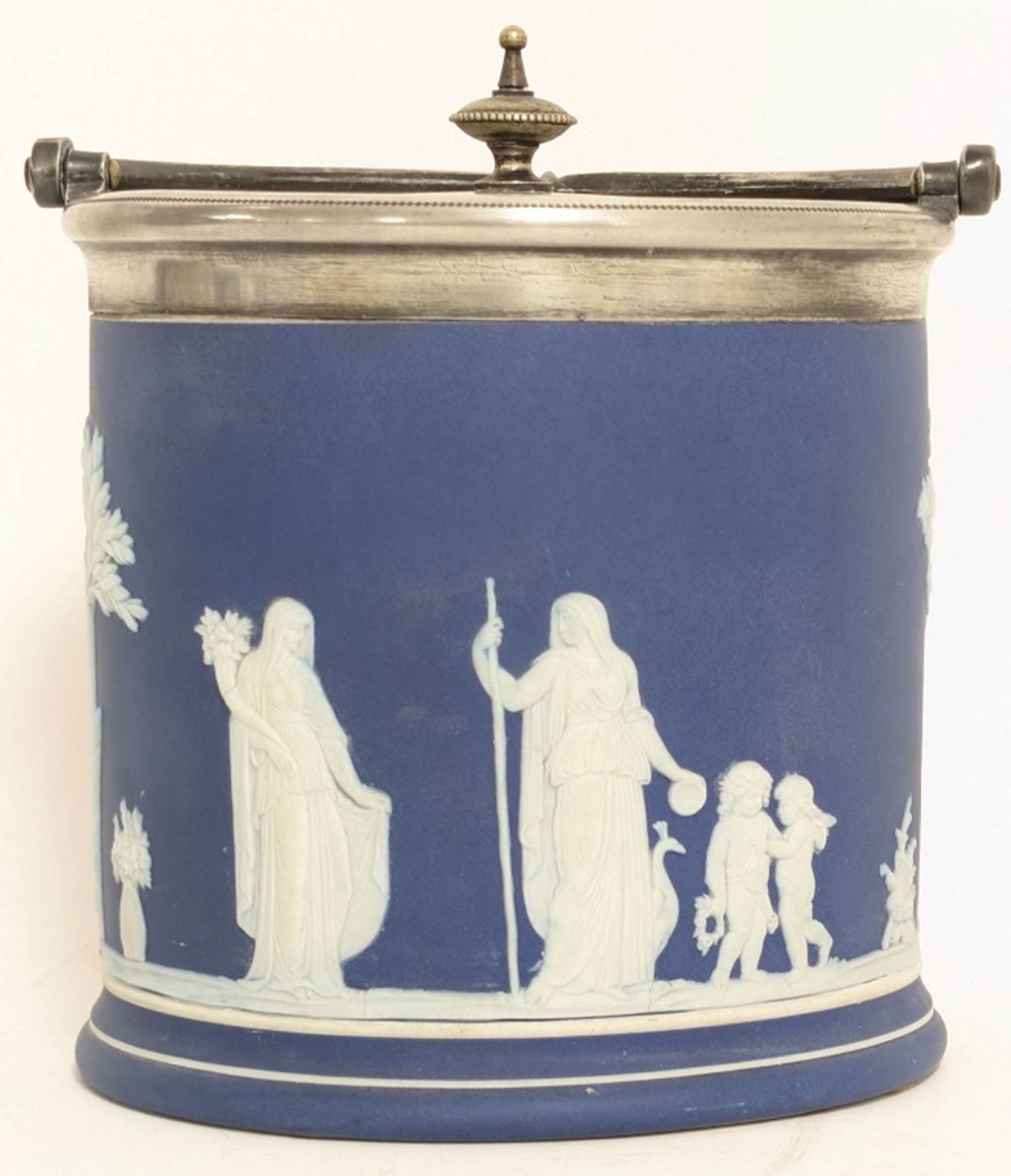 Antique Wedgwood Jasperware Bisquit Barrel: Wedgwood Jasperware biscuit barrel (also known as a cookie jar or ice bucket). It is a classic piece of British pottery, typically featuring a blue background and white bas-relief, neoclassical-style