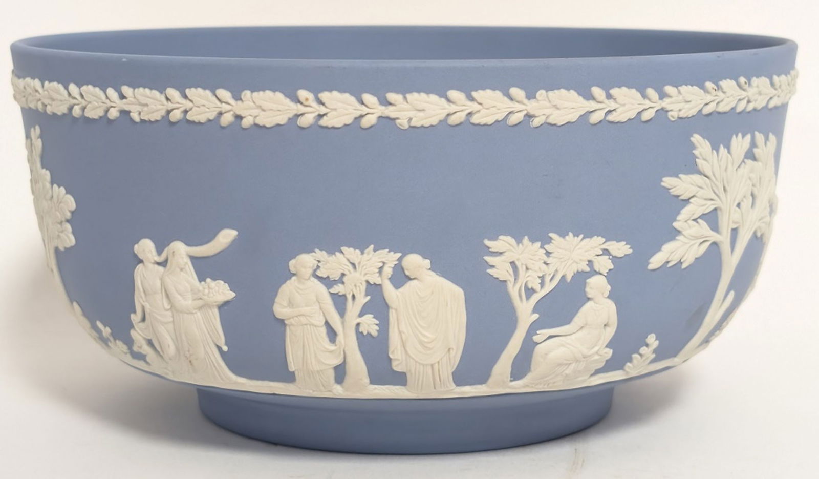 Wedgwood Jasperware Neoclassical Sacrifice Bowl: Wedgwood Blue Jasperware Neoclassical Sacrifice Bowl. This bowl is a vintage collectible known for its distinctive light blue matte stoneware and white bas-relief figures depicting a classical sacrifi
