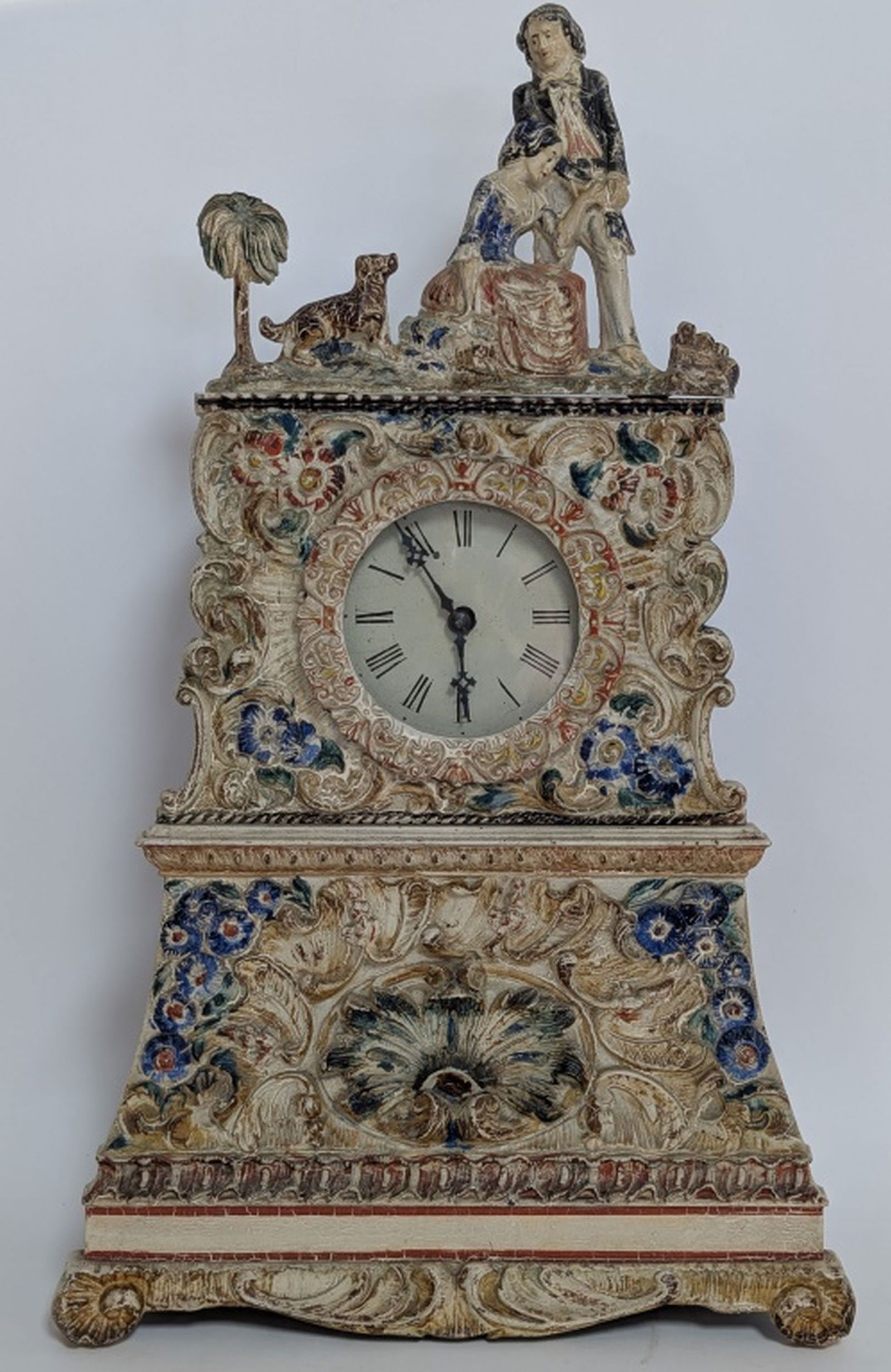 Rare 19thc Figural Mantle Clock, 21"H: This is the only clock we have seen like this since us being in business for the last 27 years. Too cute figural clock with a boy and dog on top. The case of the clock is wood with a heavy, cast metal
