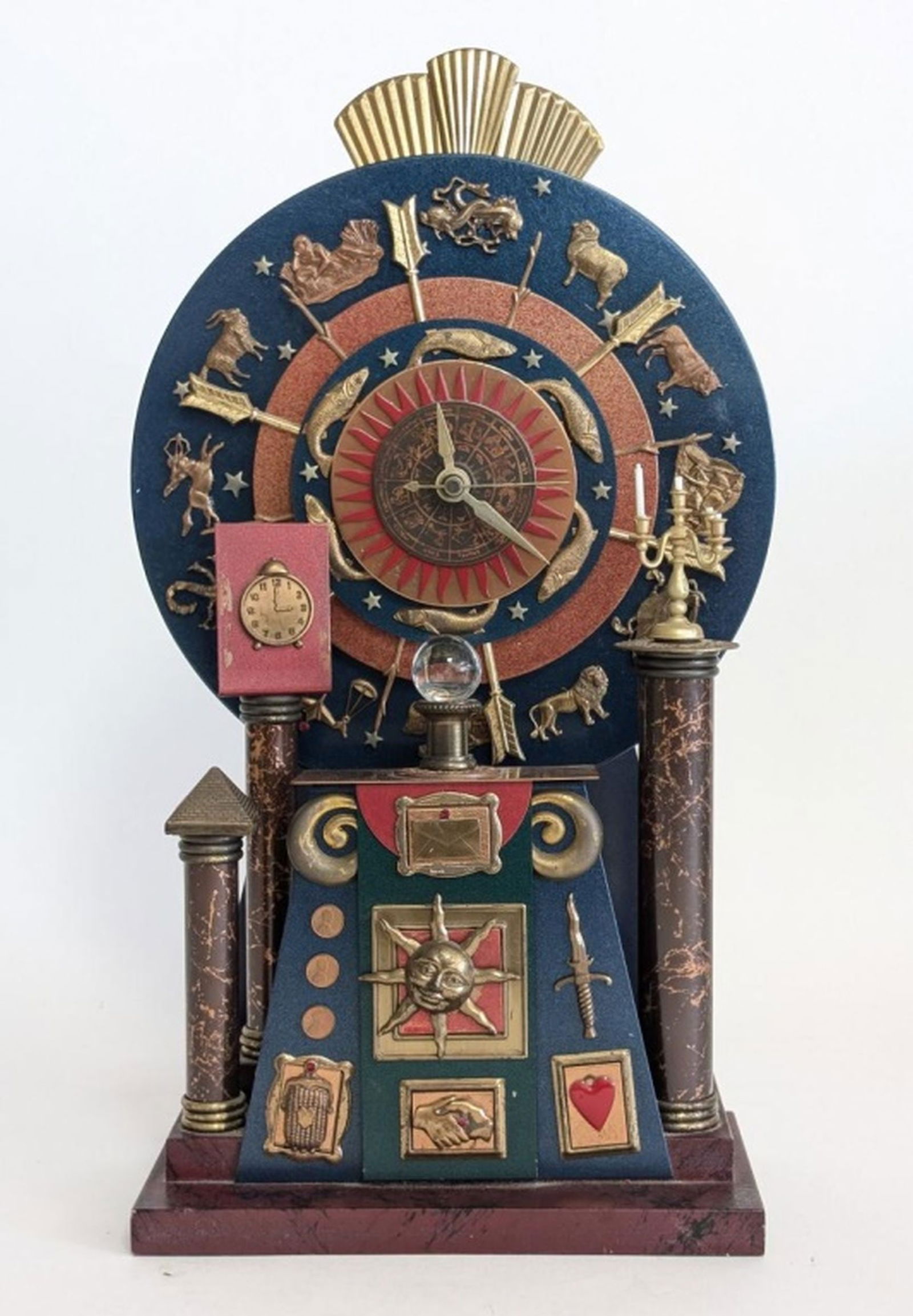 Vintage H Ramsay Fortune Teller Clock Sculpture: Very Unusual, One of a Kind, Not for time keeping purposes (not a real clock), Strictly a sculpture, Fortune teller clock by artist Heather Ramsay, Designed for Parvenue, Inc., Aged brass zodiac symbo