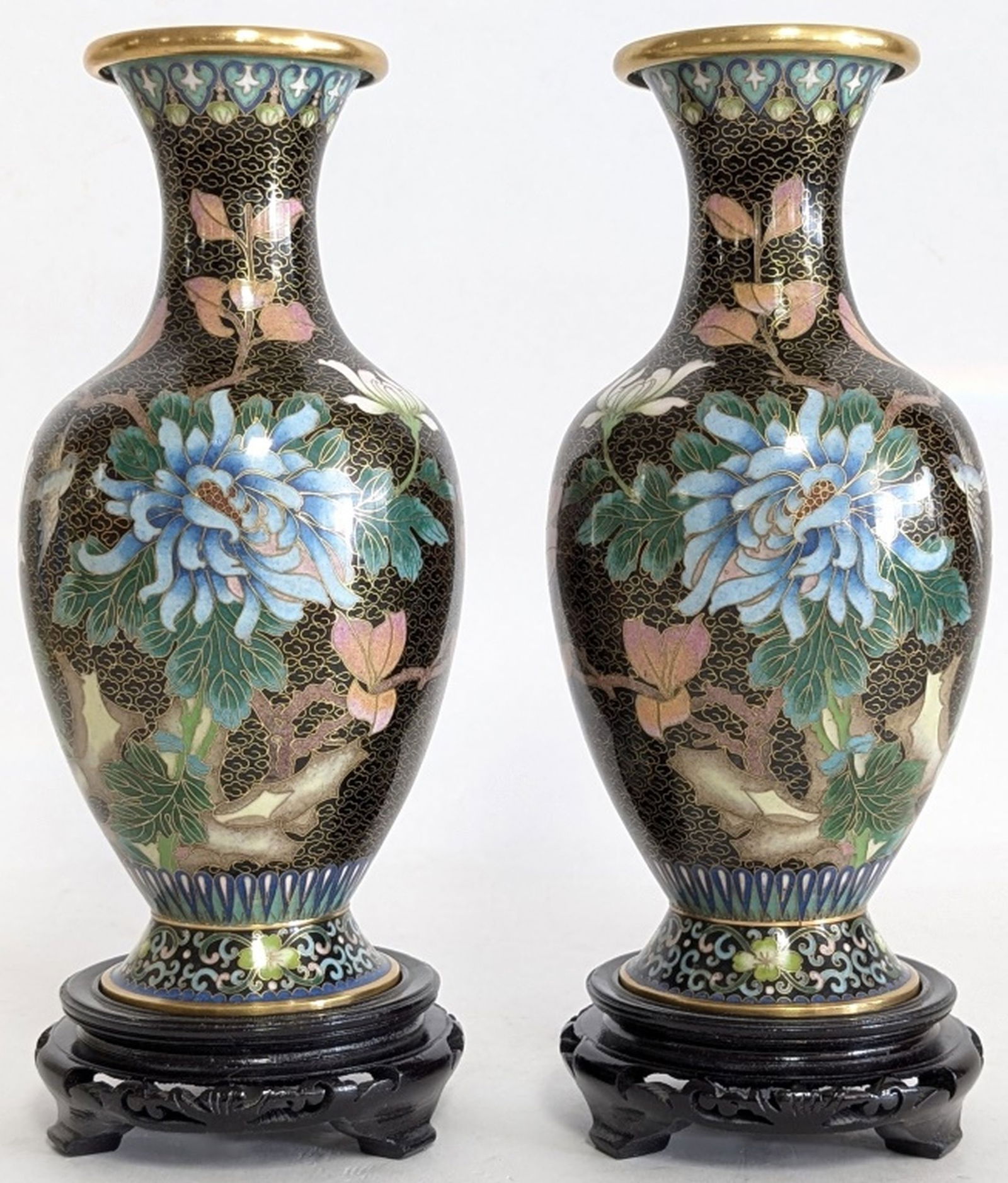 Pair of Vintage Chinese Cloissone' Vases 10.5H": Top quality pair of Chinese Cloisonne Vases on Stand from the mid century. On stand: 10.5H x 4W in. Complete with original box. Very good condition. Please be sure and view all photos for condition. F