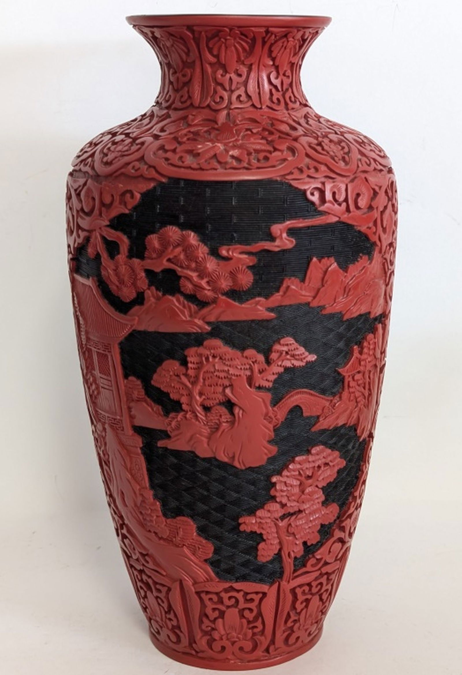 Fine Vintage Chinese Cinnabar Vase 15"H: Gorgeous cinnabar vase depicting Asian landscape. Circa 1950. 15H in. Very good condition. Please be sure and view all photos for condition. From a fine estate near Atlanta. Congratulations to the win