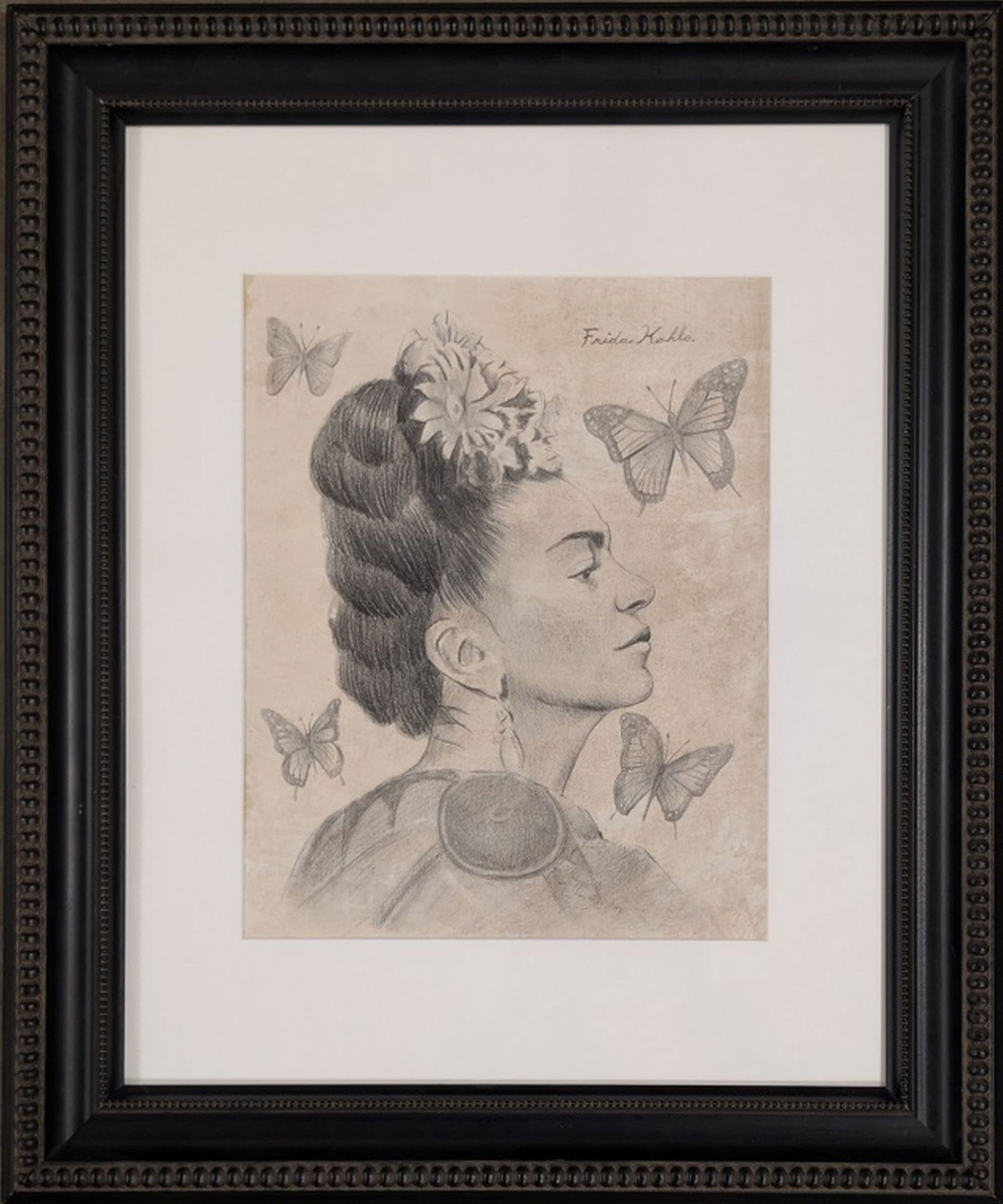 Original in Manner of Frida Kahlo, 13 x 11": Wonderful original self portrait drawing in the manner of Frida Kahlo. The subject is her favorite subject, herself, surrounded by floating butterflies. Medium: Pencil on paper. Condition: Good overal