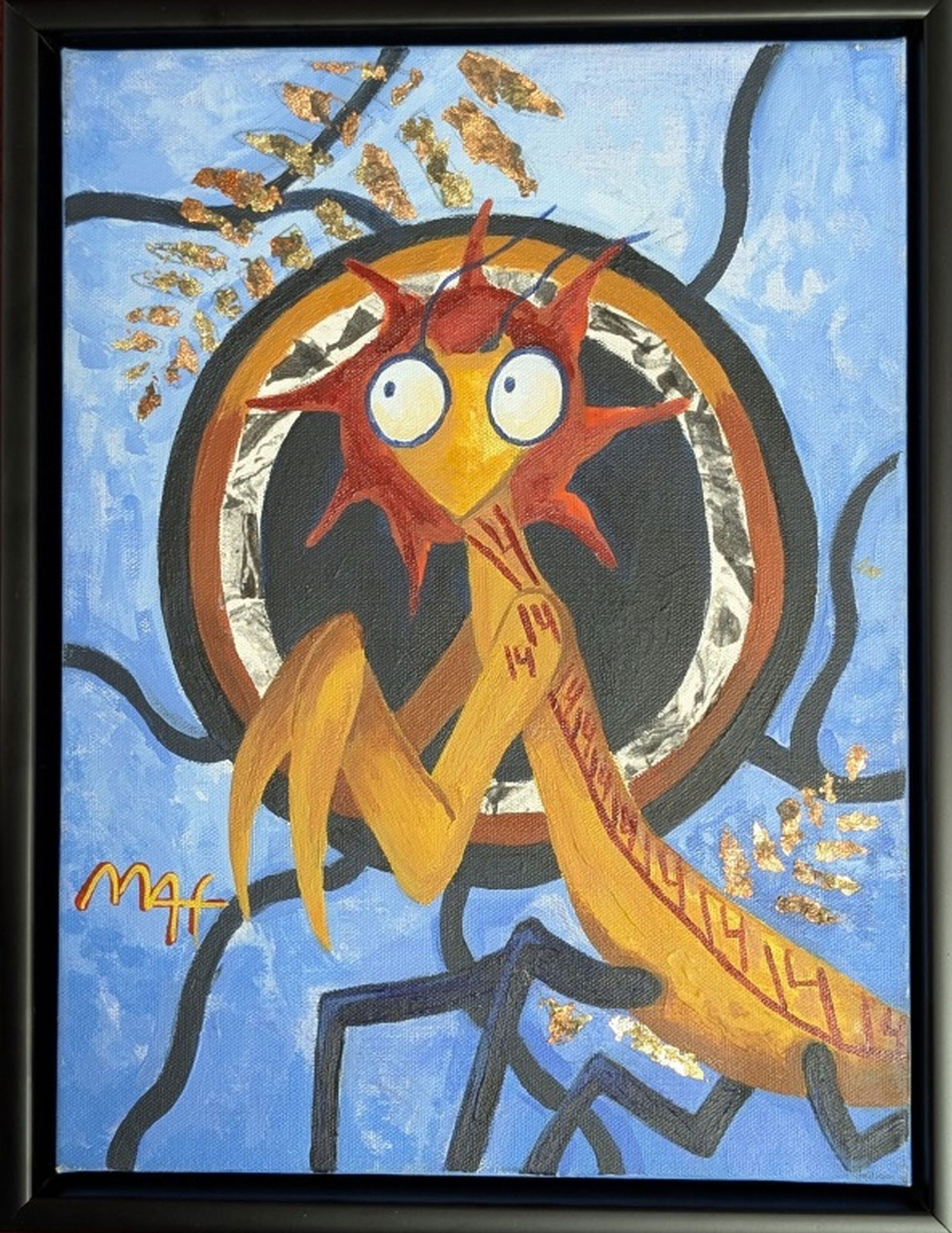Original in the Manner of Peter Max "Mantis": Color filled and yummy original painting of a yellow Preying Mantis in the manner of the perhaps the world's best known pop artist Peter Max. Richly colored and brilliantly painted. We base this attri
