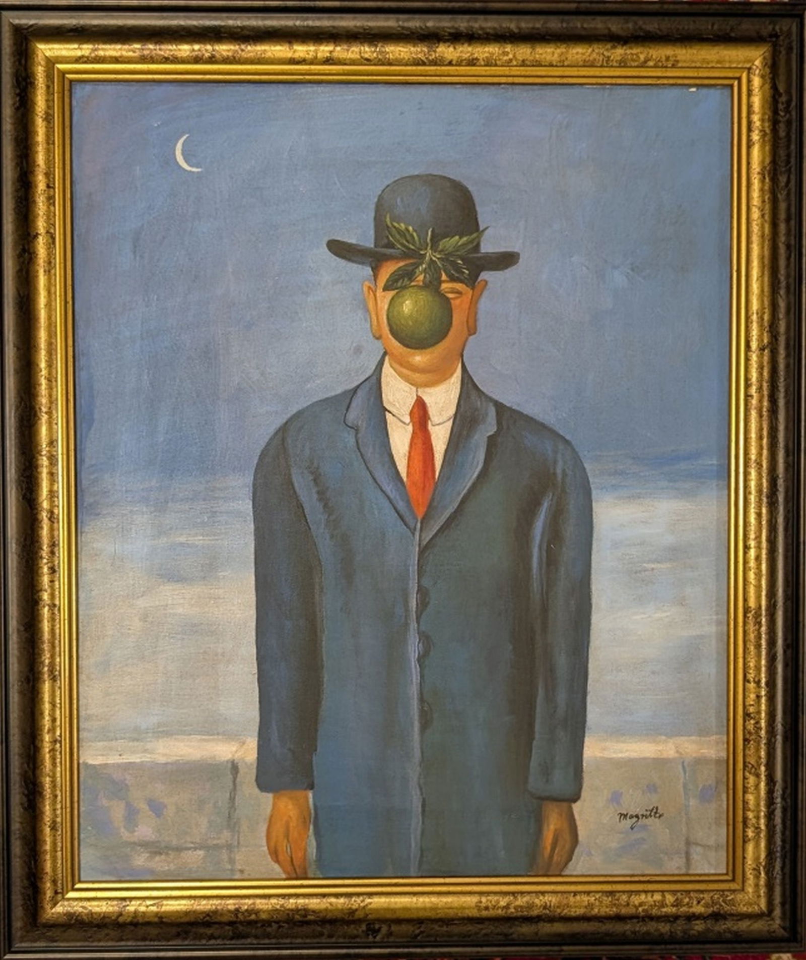 After Rene Magritte, The Son of Man, 23 x 19": The is an original painting after the famous surrealist Rene Magritte. Size: 23.75 x 19.5. Frame: 29 x 24 in. Medium: Oil on canvas. Signature: Lower right. Condition: Very good overall viewing condit