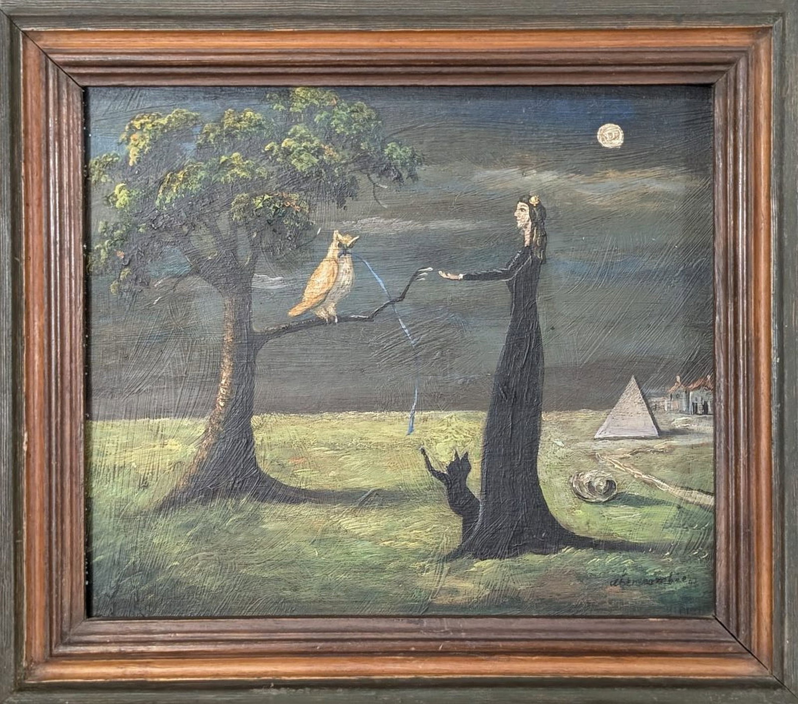 Original in Manner of Gertrude Abercrombie: Provoking original painting in the manner of Gertrude Abercrombie! We base this attribution on the same medium, style, complexity, and signature as used by Abercrombie. This is an original painting, n