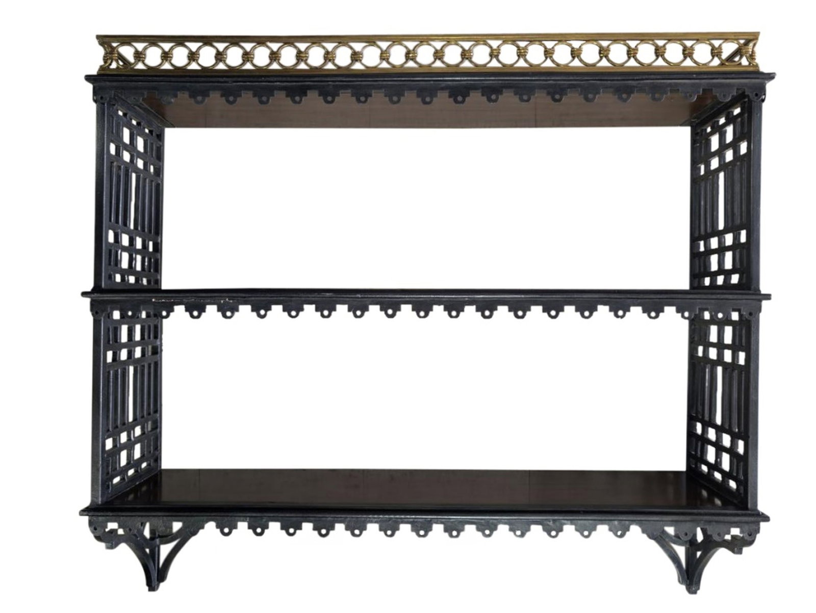 19thc Gothic Revival Style Wall Etagere': Late 19th Century Gothic Revival Style Wall-Mounted Étagère with Brass Gallery. Measurements: Height: 36.5 inches. Width: 40 inches. Depth: 9 inches. A striking and architecturally inspired 
