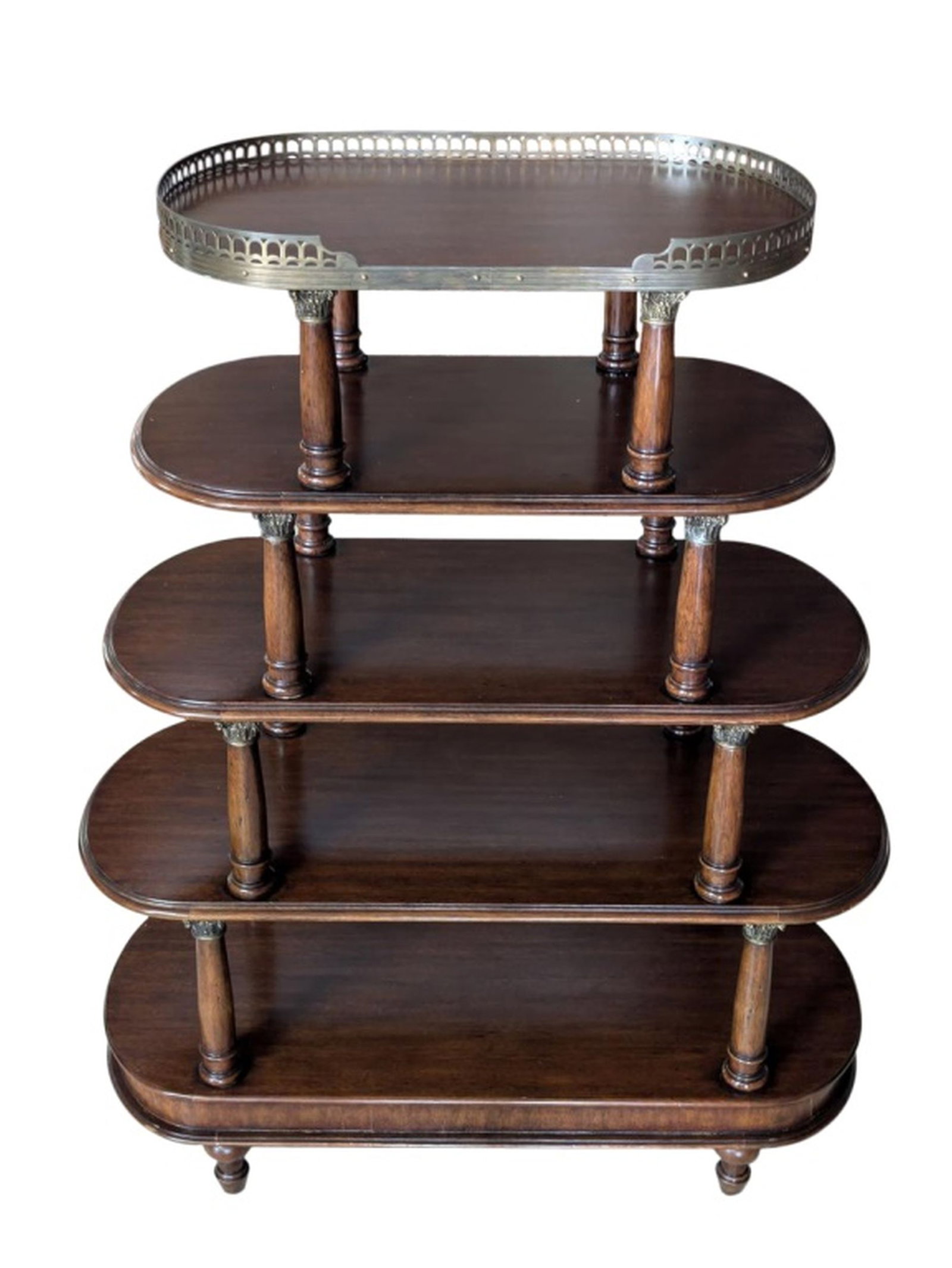 20thc Mahogany 5-Tier Etagere', 46.5"H: Mid–Late 20th Century Mahogany Five-Tier Étagère with Brass Gallery. A refined and highly functional mid- to late-20th century mahogany étagère of elegant oval form, distingu