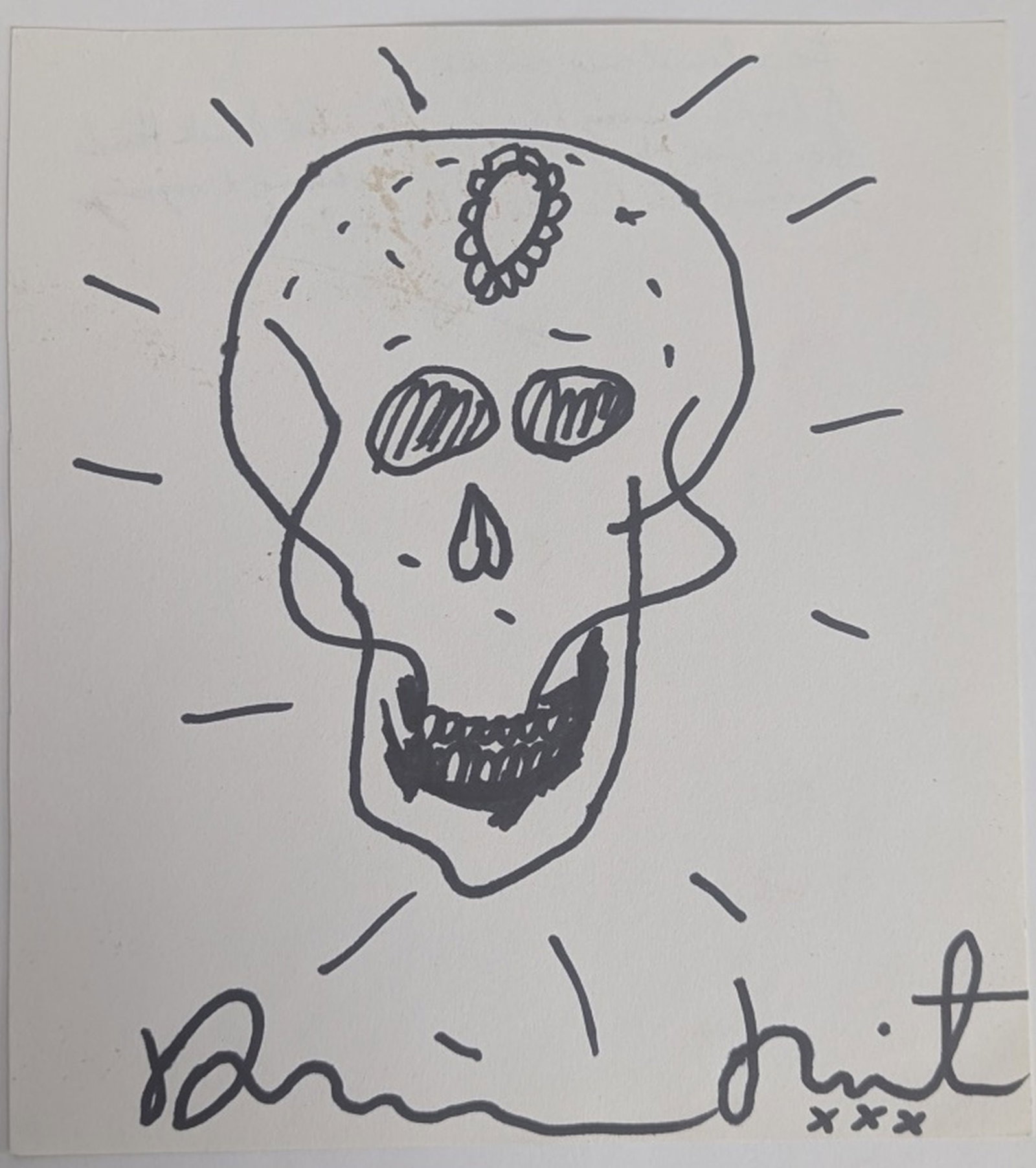 Damien Hirst Signed Original Sketch: Hand drawn Shark signed Damien Hirst. Medium: Marker on paper. Condition: Very good with mild discoloration in the paper. Sheet size: 7.25 x 8 in. On the verso a hand written note from the consignor r
