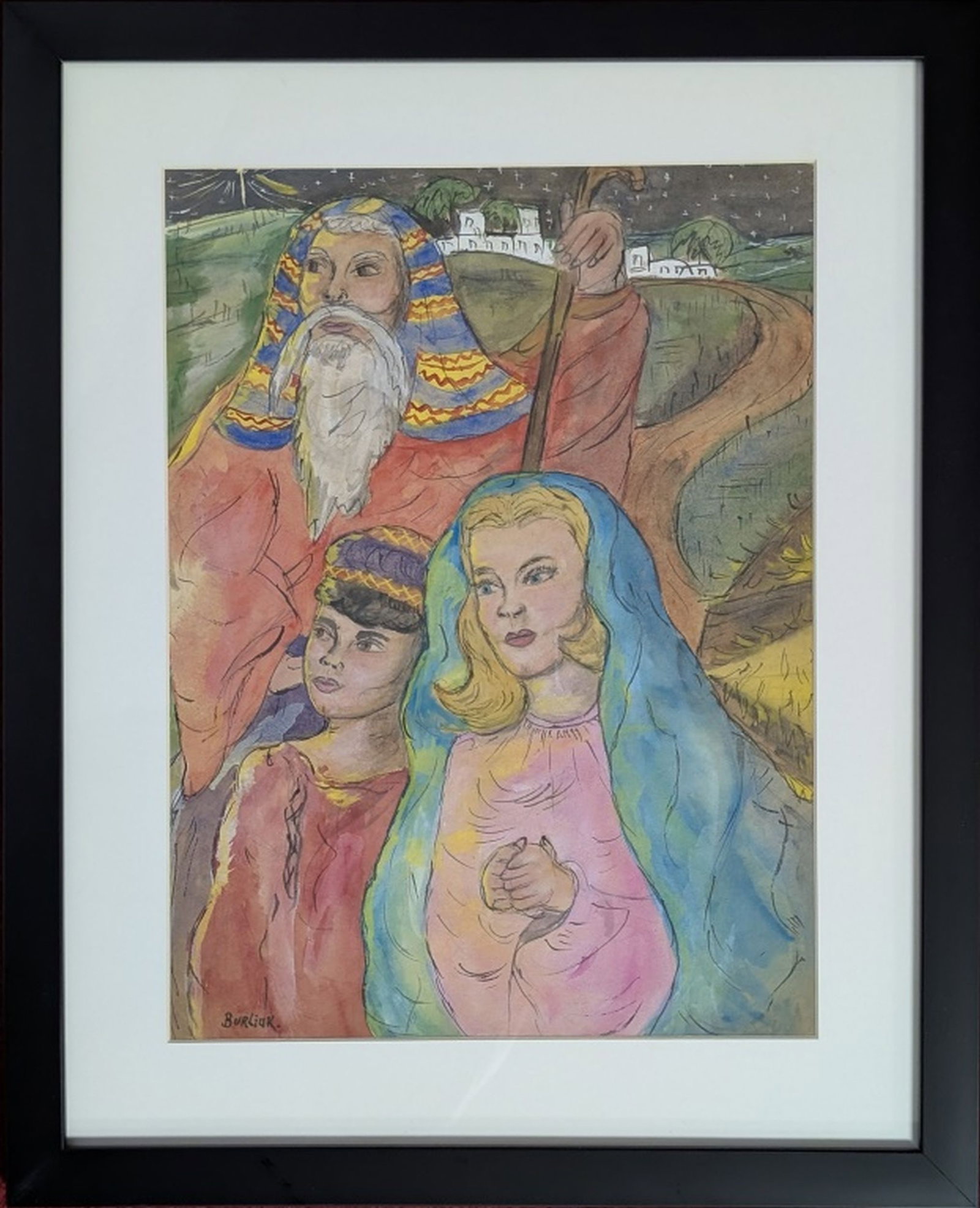 Original in the Manner of David Burliuk: Fine modern art in the manner of the famous Ukranian artist David Burliuk. Medium: Watercolor on paper. Condition: Excellent. Signature: Bottom left. Size 16 x 12 in. Frame: 21 x 17 in. Provenance: Fr