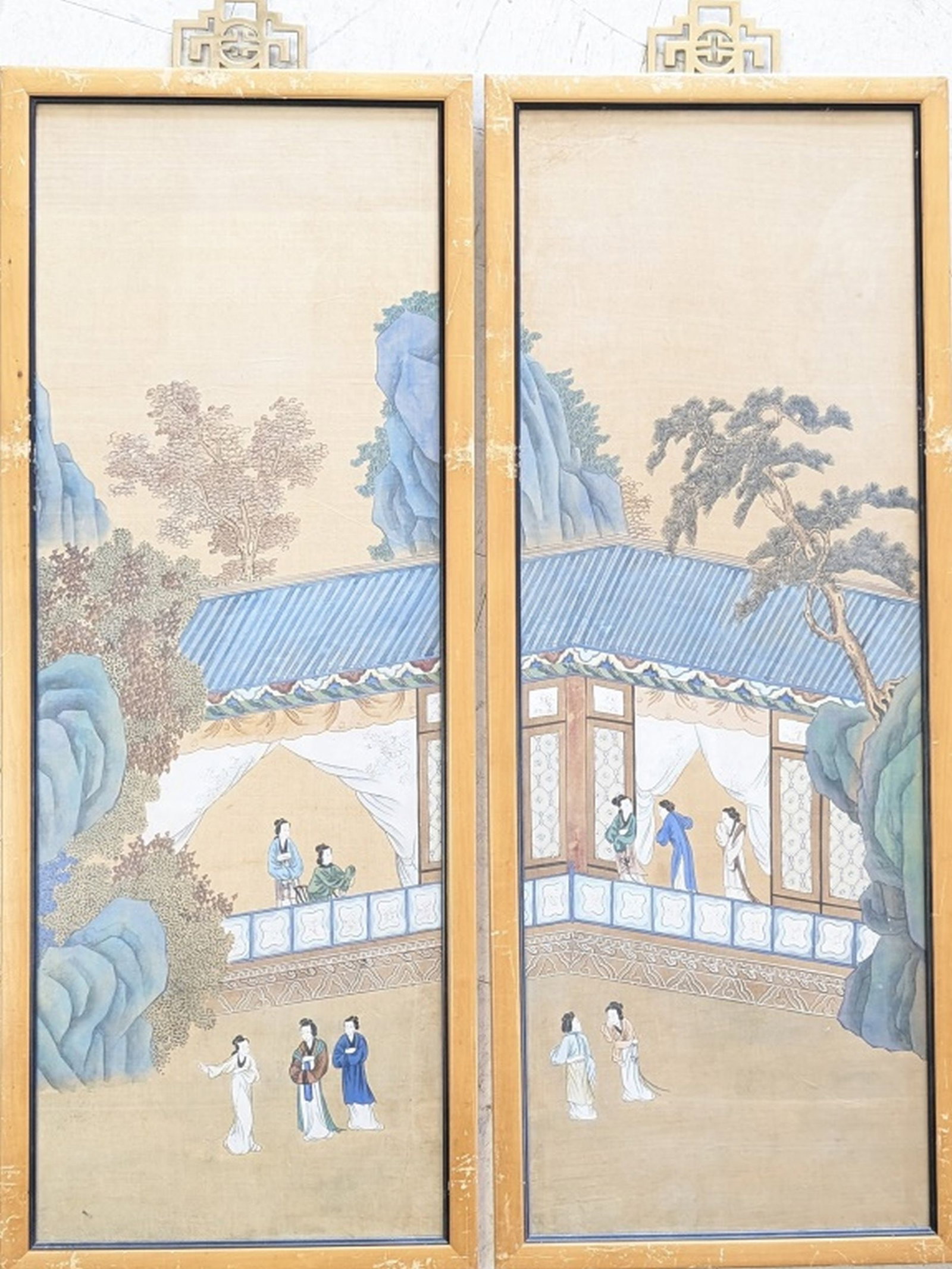 Pr. Qing Dynasty Chinese Ink & Color Panels 35"H (1 of 11)