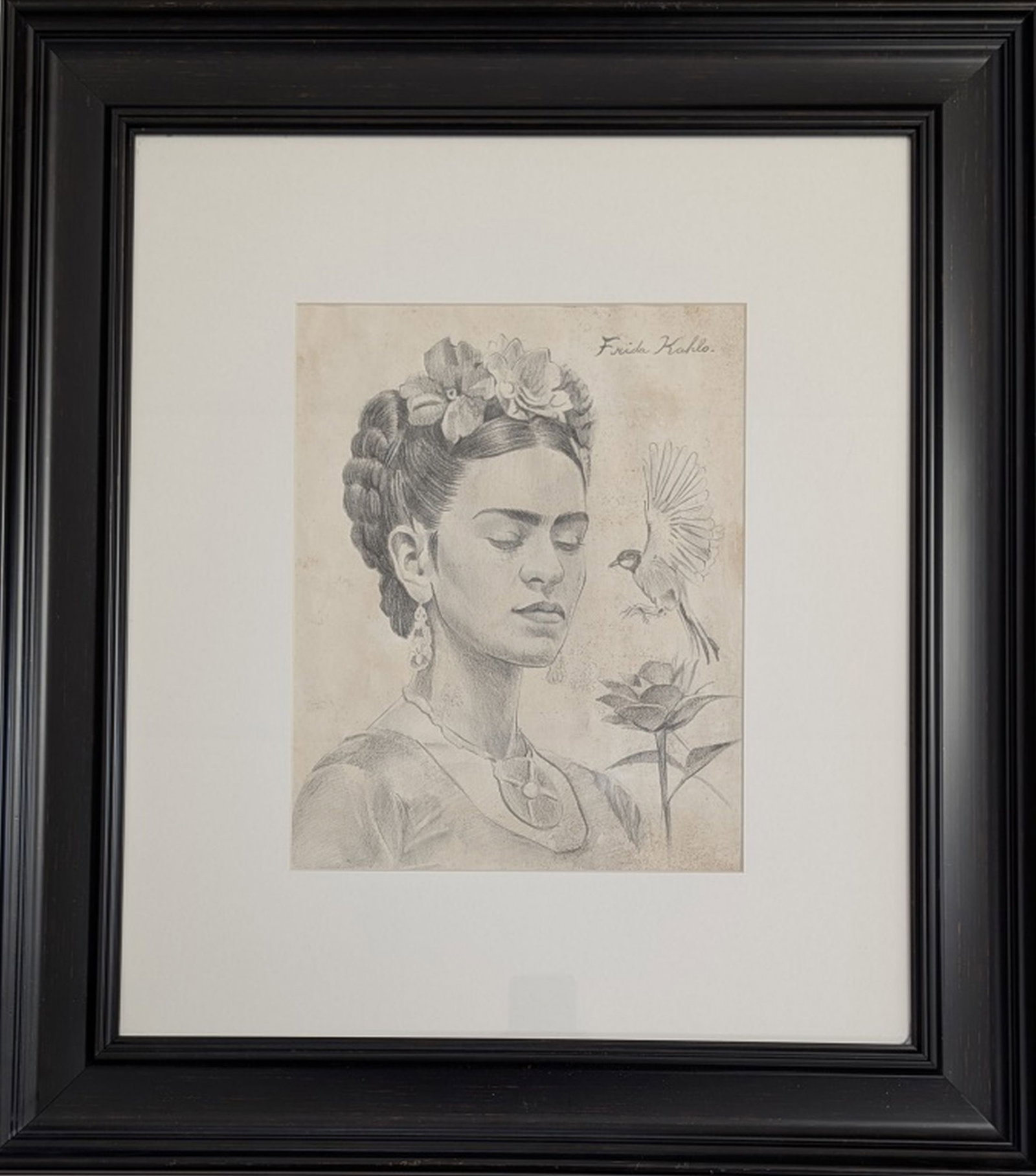 After Frida Kahlo Original Self Portrait: After Frida Kahlo Original Pencil Drawing. A finely executed pencil drawing rendered in the distinctive style associated with Frida Kahlo, depicting a poised female figure adorned with a floral headdr