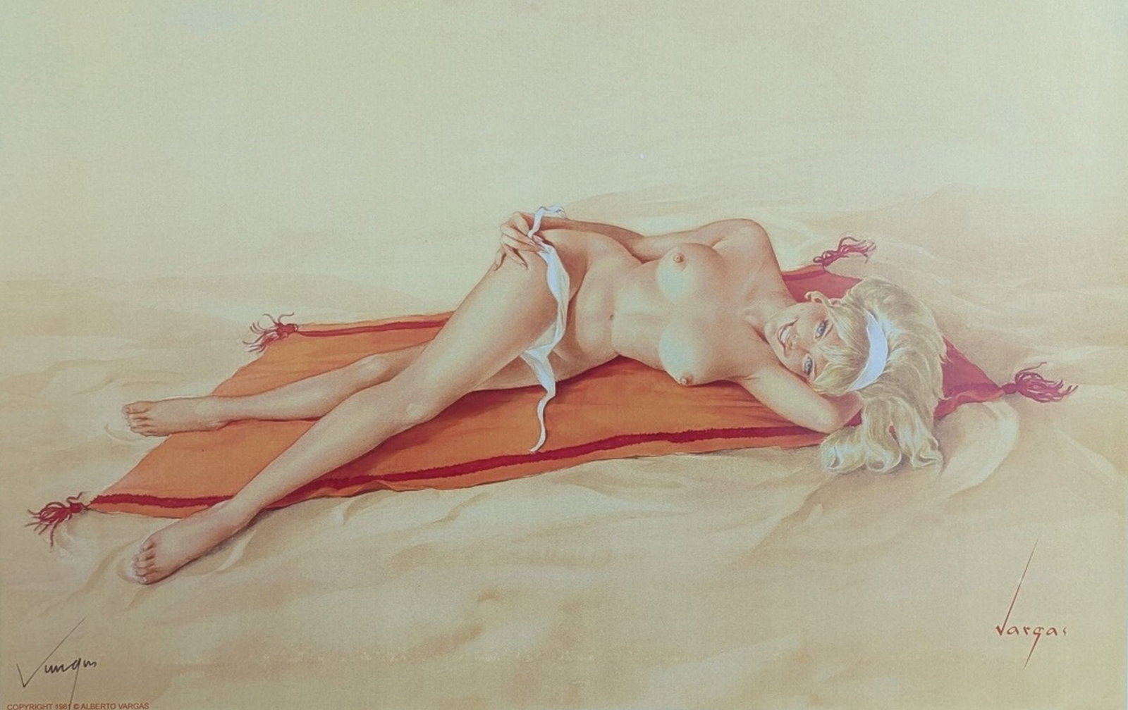 Alberto Vargas Hand Signed Pin-Up Girl Print, Nude: Artist: Alberto Vargas. Title: I'm not afraid of getting burned. Pin-up illustration from 1981. Hand Signed by Artist: Yes, lower left hand corner. Medium: Lithograph on Paper. Art Dimensions: 17 x 11