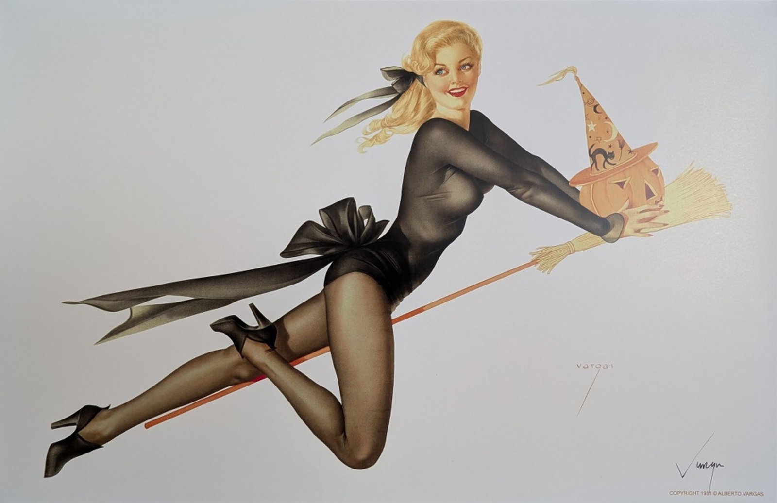 Alberto Vargas Hand Signed Pin-Up Girl Print: Artist: Alberto Vargas. Title: Bewitched. Pin-up illustration from 1981. Hand Signed by Artist: Yes, lower left hand corner. Medium: Lithograph on Paper. Art Dimensions: 17 x 11 in.. Condition: Excell