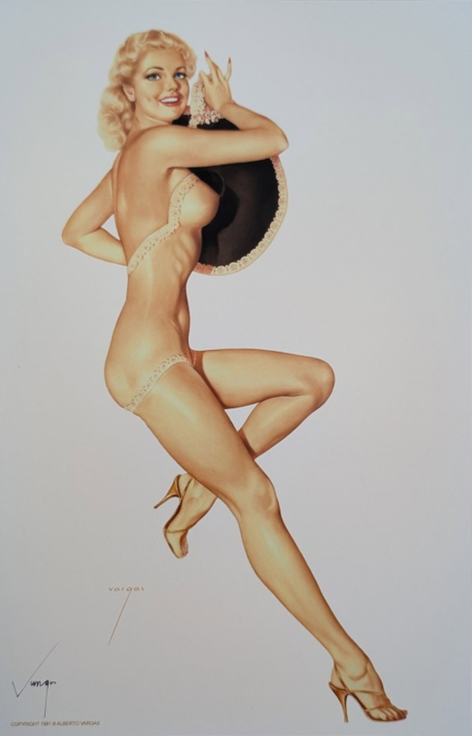 Alberto Vargas Hand Signed Pin-Up Girl Print, Nude: Artist: Alberto Vargas. Title: Girl with Hat. Pin-up illustration from 1981. Hand Signed by Artist: Yes, lower left hand corner. Medium: Lithograph on Paper. Art Dimensions: 17 x 11 in.. Condition: Ex