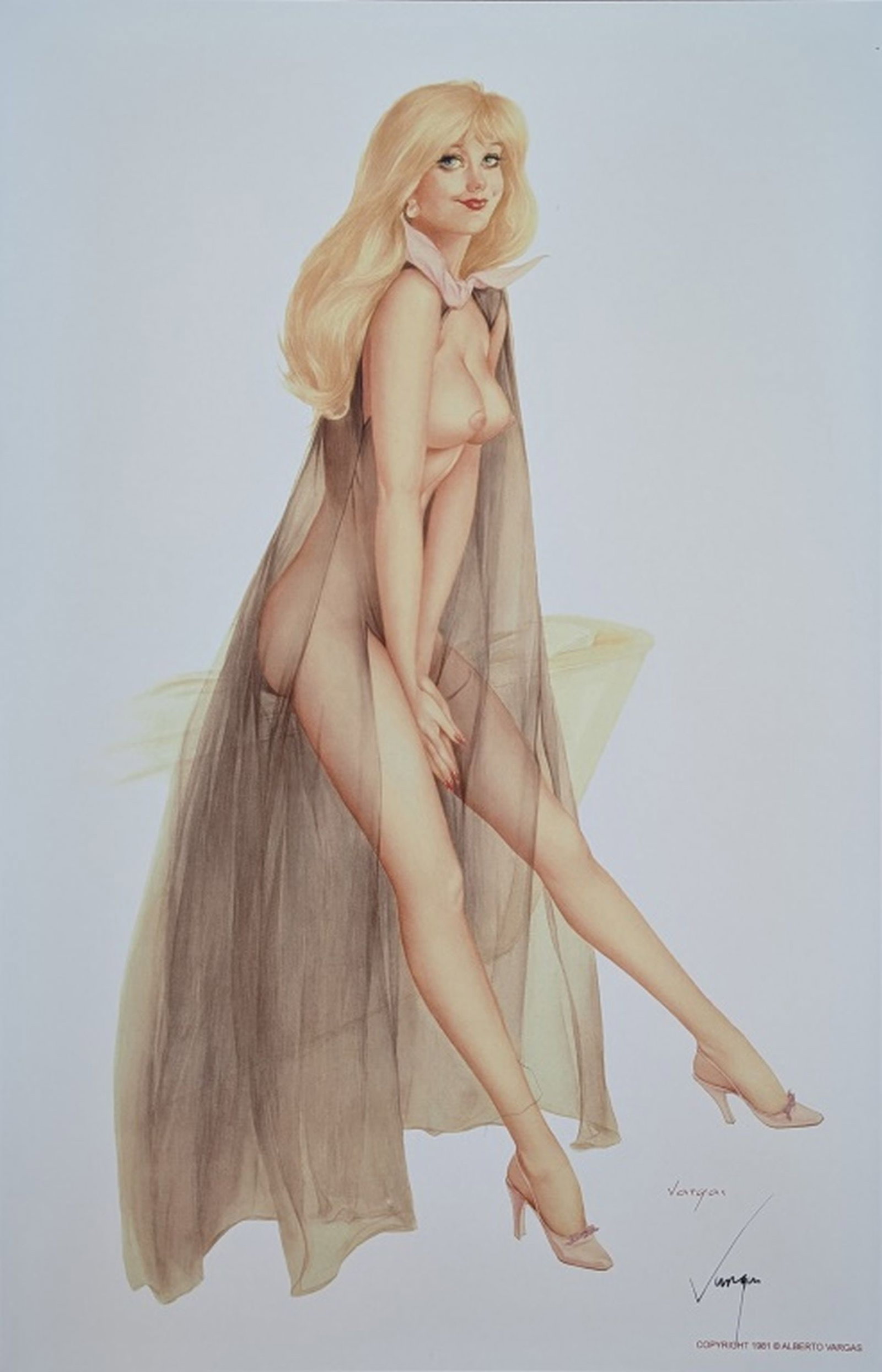 Alberto Vargas Hand Signed Pin-Up Girl Print, Nude: Artist: Alberto Vargas. Pin-up illustration from 1981. Hand Signed by Artist: Yes, lower left hand corner. Medium: Lithograph on Paper. Art Dimensions: 17 x 11 in.. Condition: Excellent, well kept. no