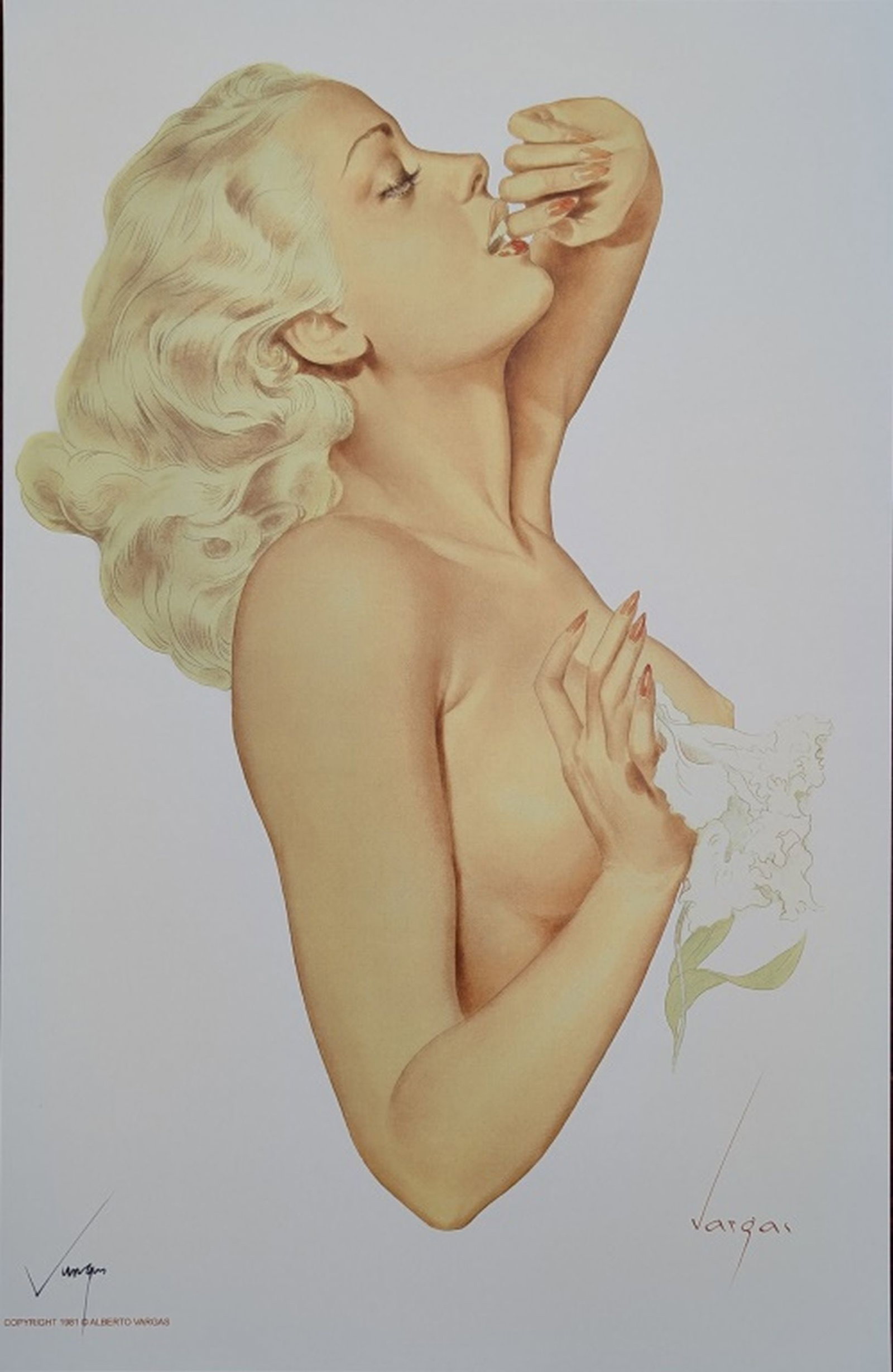 Alberto Vargas Hand Signed Pin-Up Girl Print, Nude: Artist: Alberto Vargas. Pin-up illustration from 1981. Hand Signed by Artist: Yes, lower left hand corner. Medium: Lithograph on Paper. Art Dimensions: 17 x 11 in.. Condition: Excellent, well kept. no