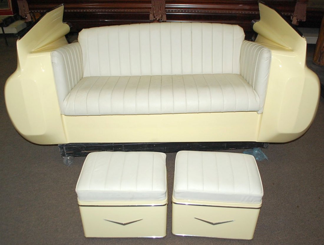 CADALLAC REAR END BENCH WITH LIGHTS: CUSTOM MADE BENCH FROM CADILLAC REAR END, TAIL LIGHTS LIGHT UP, we have three of four red light covers, trying to get the last one, ALSO WITH TWO MATCHING FOOTSTOOLS