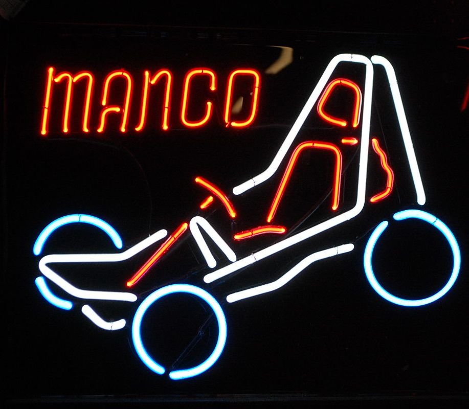 MANCO GO KART NEON SIGN: FROM THE WILSON ESTATE, WORKS, 24"W, 19"TALL RED, WHITE, & BLUE NEON