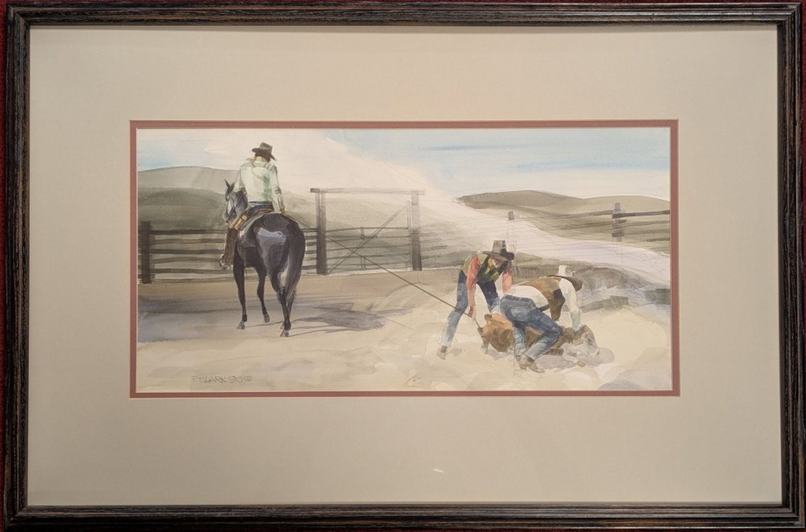 Phil Clark Original "Heeled and Flanked": Phil Clark (American, 1925–2023) Heeled and Flanked, 1990. Watercolor on paper. Art: 9.75 x 19.75 in. Frame: 20 x 29.5 in. Condition: Very good. A finely observed Western vignette by noted cowbo