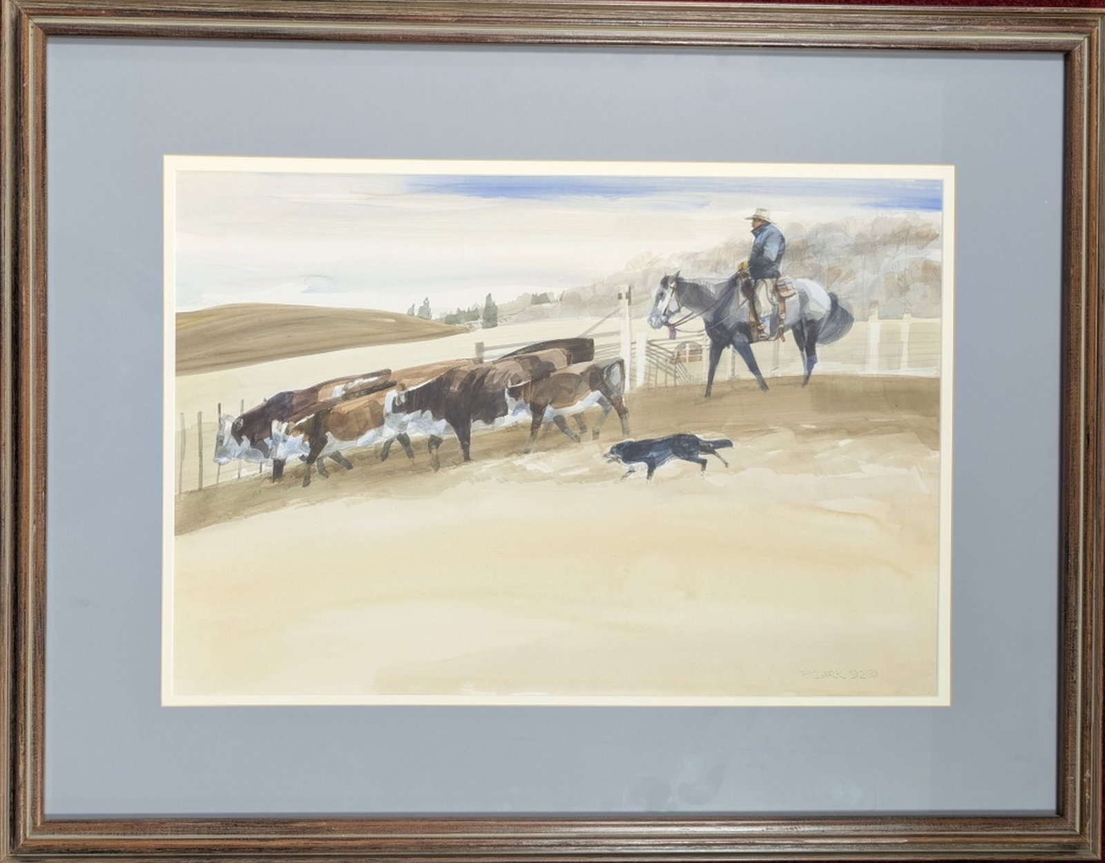 Phil Clark Original Cowboy, Dog, & Cattle Scene: Phil Clark (American, 1925–2023) Title: Handwritten title is not legible. Probably the names of the cowboy and the dog. Date: 1992. Art: 16.5 x 24.5 in. Frame: 28 x 30 in. Watercolor on paper. S