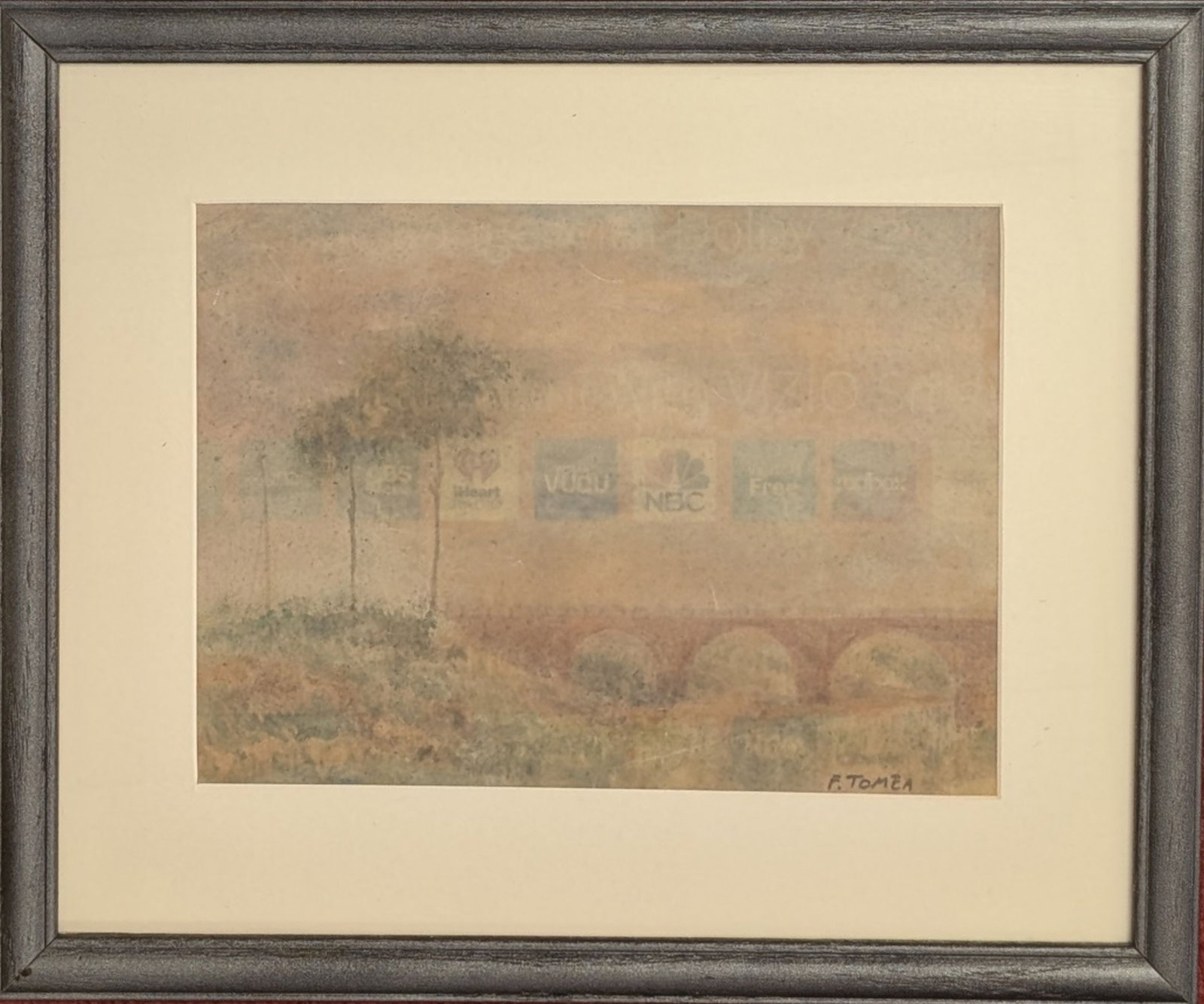Attributed to Fiorenzo Tomea, "Landscape": Attributed to Fiorenzo Tomea (Italian, 1881–1960), Landscape. Mixed media on paper, signed lower right F. Tomea. Atmospheric landscape depicting trees before an arched bridge with faint advertis