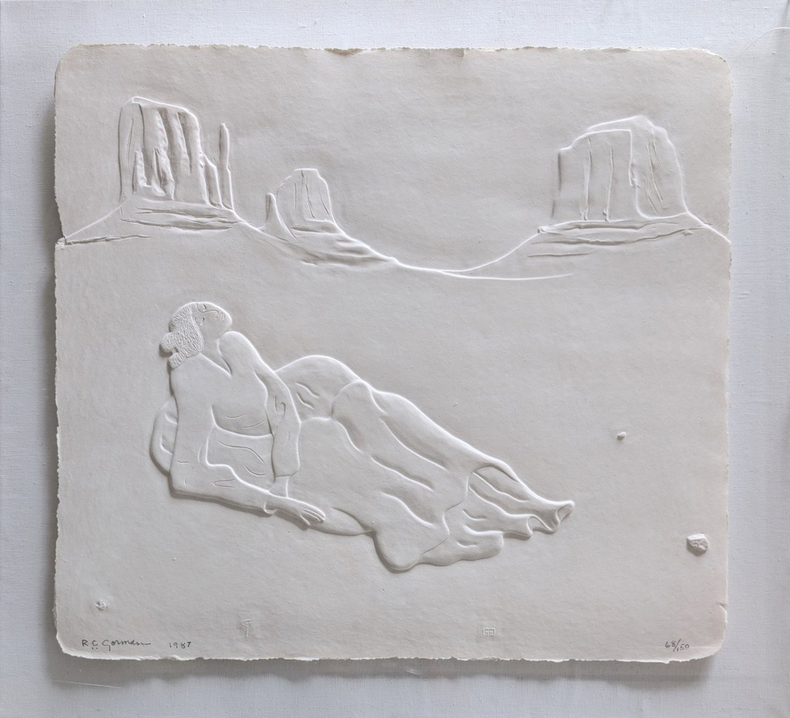 R. C. Gorham "Chaco Canyon", 30.5 x 32.5": Amazing paper press of Chaco Canyon. Truly a rare find by the hot selling native American artist R. C. Gorman. Hand signed and numbered by Gorman. Condition: The art is is in very good condition. Ther