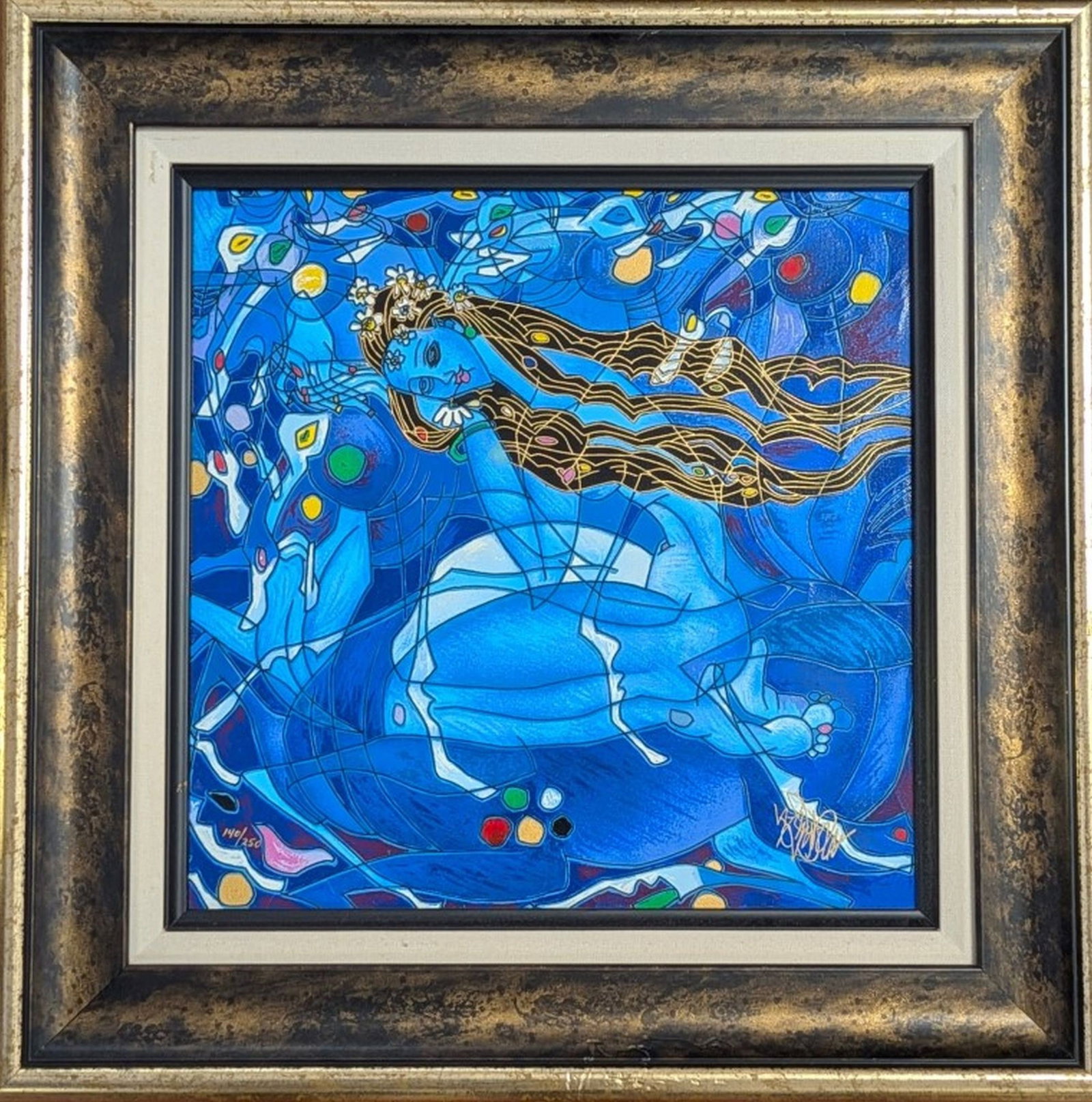 Jiang Tiefeng "Sweet Lady – Blue" Ltd Edition: Jiang Tiefeng (Chinese, b. 1938), Sweet Lady – Blue, Limited Edition Serigraph on Canvas. Artwork: 14 × 14 in. Frame: 21 × 21 in. A striking limited-edition serigraph on canvas by note