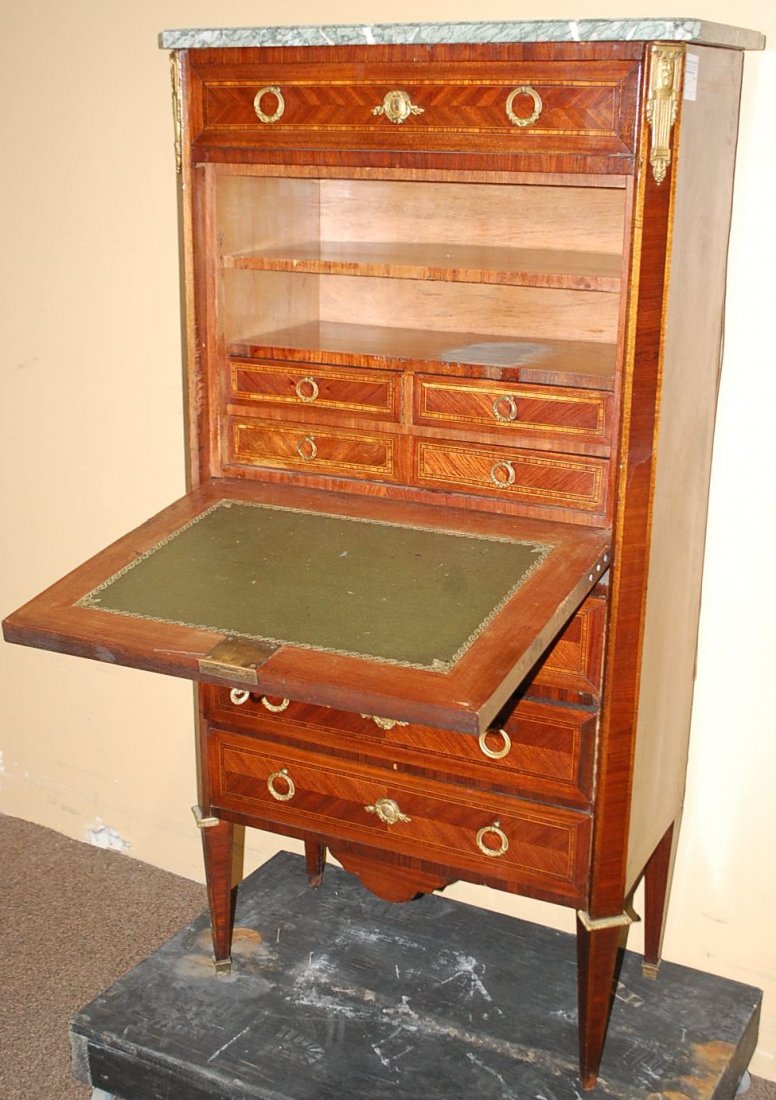 TURN OF THE CENTURY FRENCH ESCOTOIRE: FROM THE GARRARD ESTATE, GREEN MARBLE TOP, BRONZE MOUNTS, PARQUET FAN INLAID FRONT, FITTED INTERIOR, 28"W, 15"D, 57"TALL