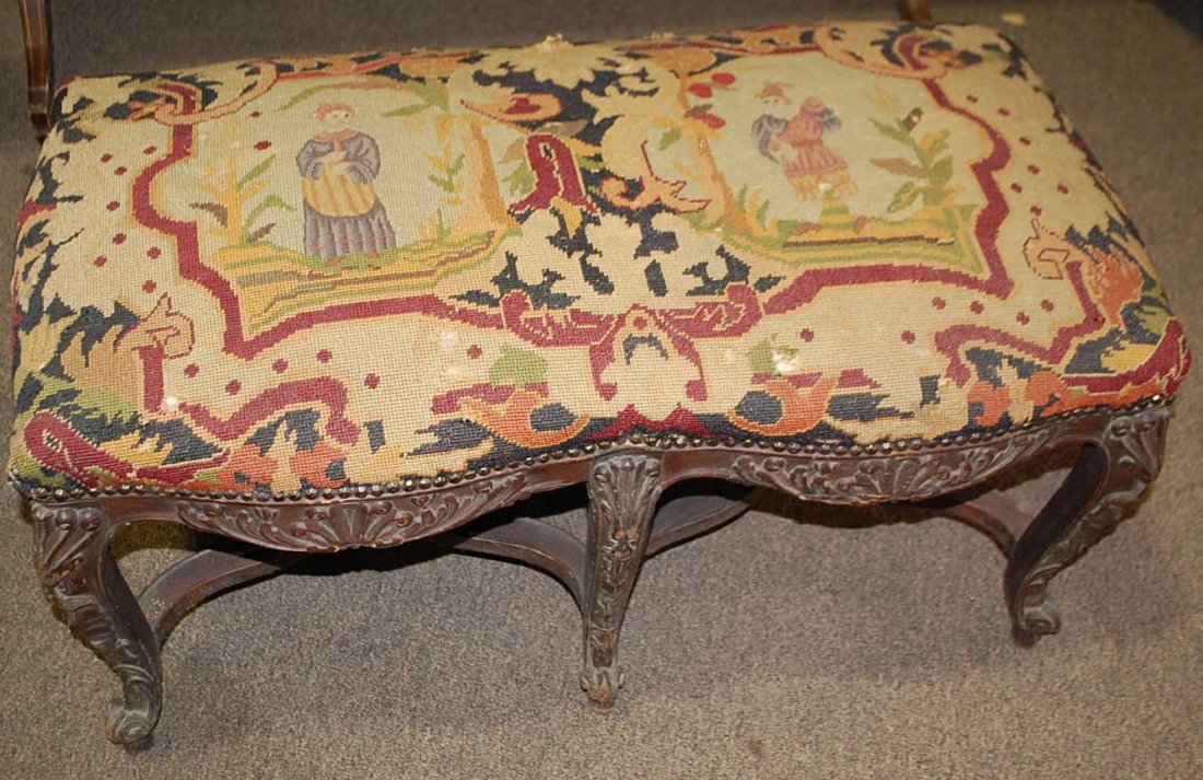 FRENCH NEEDLEPOINT BENCH: FROM THE GARRARD ESTATE, SIX LEG STRETCHER BASE, FIGURAL NEEDLEPOINT, 36"LONG, 19"D, 19"TALL