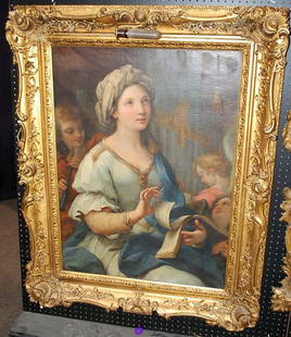 FABULOUS PAINTING OF LADY WITH MUSIC BOOK: FROM GARRARD ESTATE, OIL ON CANVAS, LADY TEACHING CHILDREN MUSIC, 28"W, 38"TALL PLUS 6" ELABORATE GILT FRAME