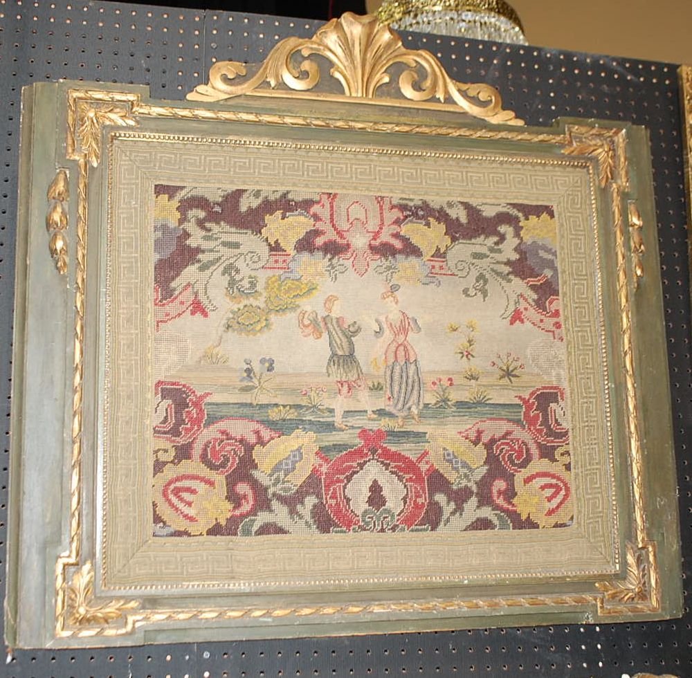 FRAMED FIGURAL NEEDLEPOINT: FROM THE GARRARD ESTATE. PANEL TYPE FRAME WITH GILT CREST, 40"w, 36"tall