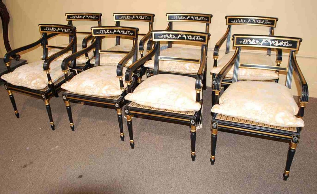 Set of Eight Theodore Alexander Arm Chairs: Ebonized with cherub decorations