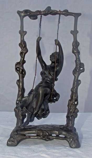 Signed Bronze Lady Swinging - Moreau: Signed Bronze piece by Moreau, the lady is able to swing freely. 9.25" H, 5" W, 2.5" D
