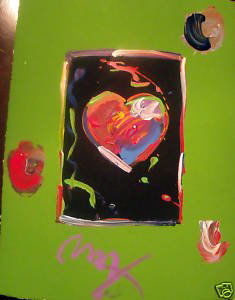 Peter Max "Heart" Orig Mixed Media Rare Showpiece: Museum framed and matted, MINT condition w/COA. Illness and economic climate forces the sale of this original with a very low starting bid with no reserve. Peter Max is a multi-dimensional creative ar
