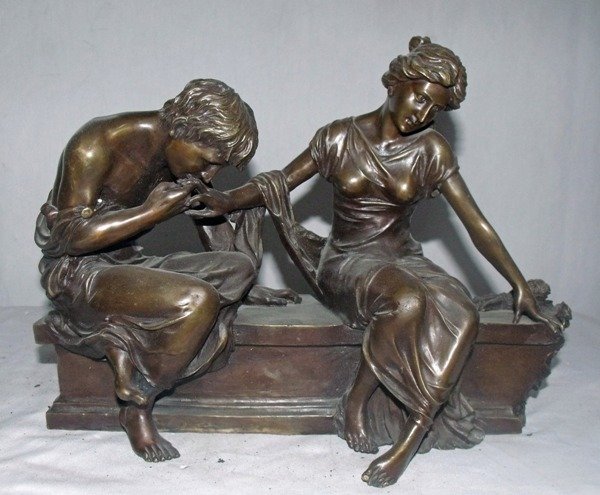 "Man and Woman Sitting on Bench" Claudion: Signed bronze statue by Claudion. 12.5" H, 16.5" W, 7.5" D