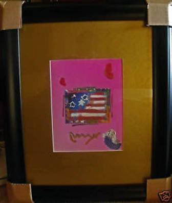 Peter Max "The Flag" Orig Mixed Media Masterpiece: Museum framed and matted, MINT condition w/COA. Illness and economic climate forces the sale of this original with a very low starting bid with no reserve. Peter Max is a multi-dimensional creative ar