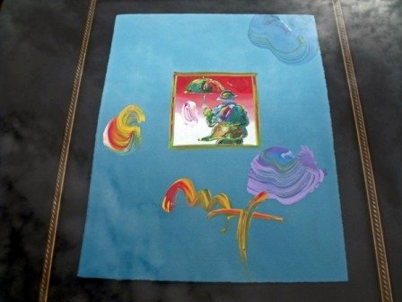 PETER MAX "UMBRELLA MAN": ORIGINAL MIXED MEDIA ON PAPER, SIGNED BY THE ARTIST. MINT CONDITION. COMES WITH COA. STAMPED ON BACK BY MAX STUDIOS FRAMED APPROX. 29X25, YEAR 2006.