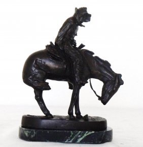 REMINGTON "NORTHER" BRONZE SCULPTURE: NORTHER BY FREDERIC REMINGTON-BRONZE SCULPTURE MOUNTED ON MARBLE-DARK BROWN PATINA-9HX12WX4D