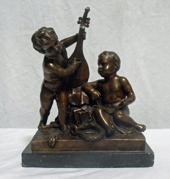"Kids Playing Banjo" J B Pigalle: Signed Bronze statue by J B Pigalle. 12.5" H, 9.75" W, 6.75" D