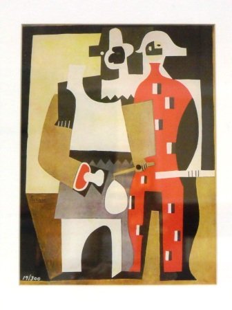 "Two Harleques" Picasso: Limited edition plate signed lithograph. Numbered 19/300. Beautifully framed and matted. Authenticated with COA. Frame 23x20, Image12x9