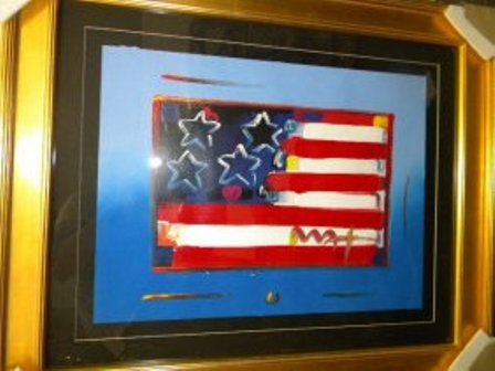PETER MAX "FLAG" ORIGINAL ACRYLIC MIXED MEDIA: THE FLAG BY PETER MAX-ORIGINAL ACYRLIC MIXED MEDIA-SIGNED-STAMPED AND SERIAL NUMBERED ON VERSO-AUTHENICATED W/COA-MINT-FRAMED AND MATTED