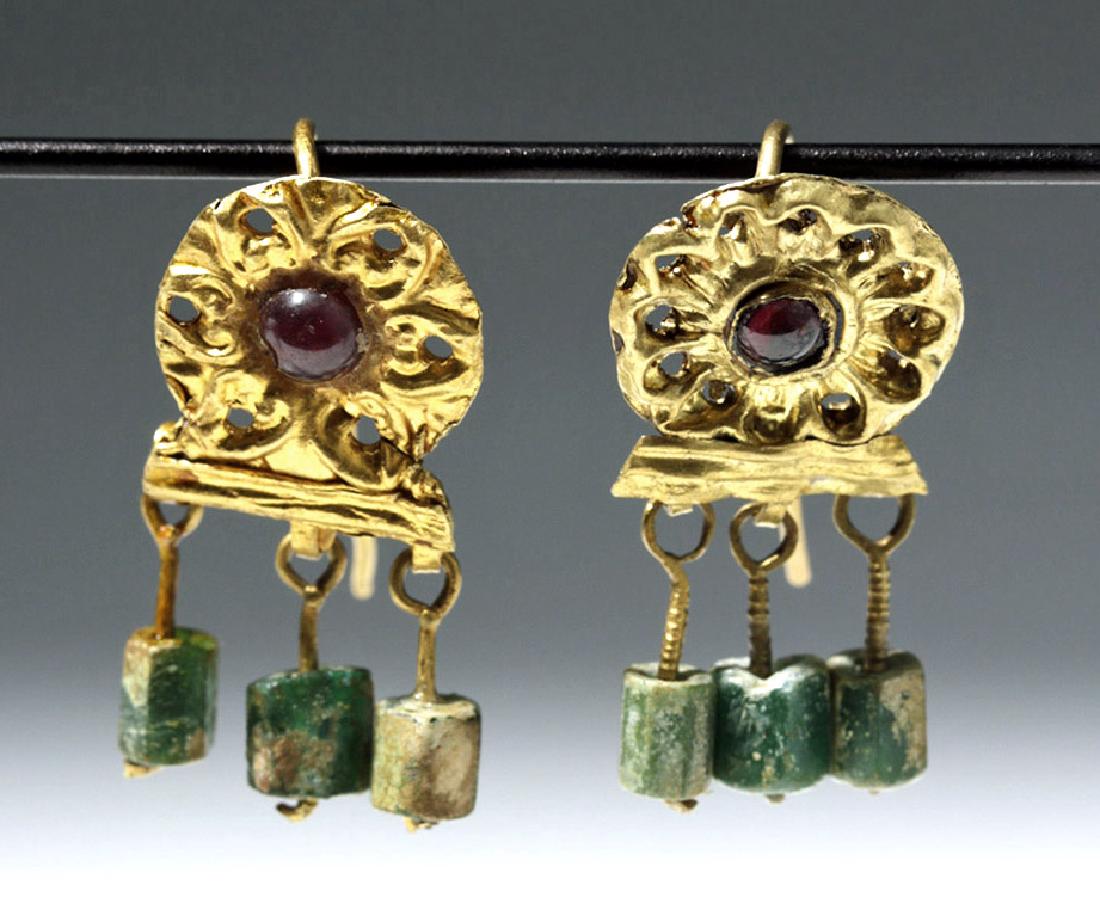 Ancient Roman 14K+ Gold , Glass & Garnet Earrings (pr) (1 of 4)